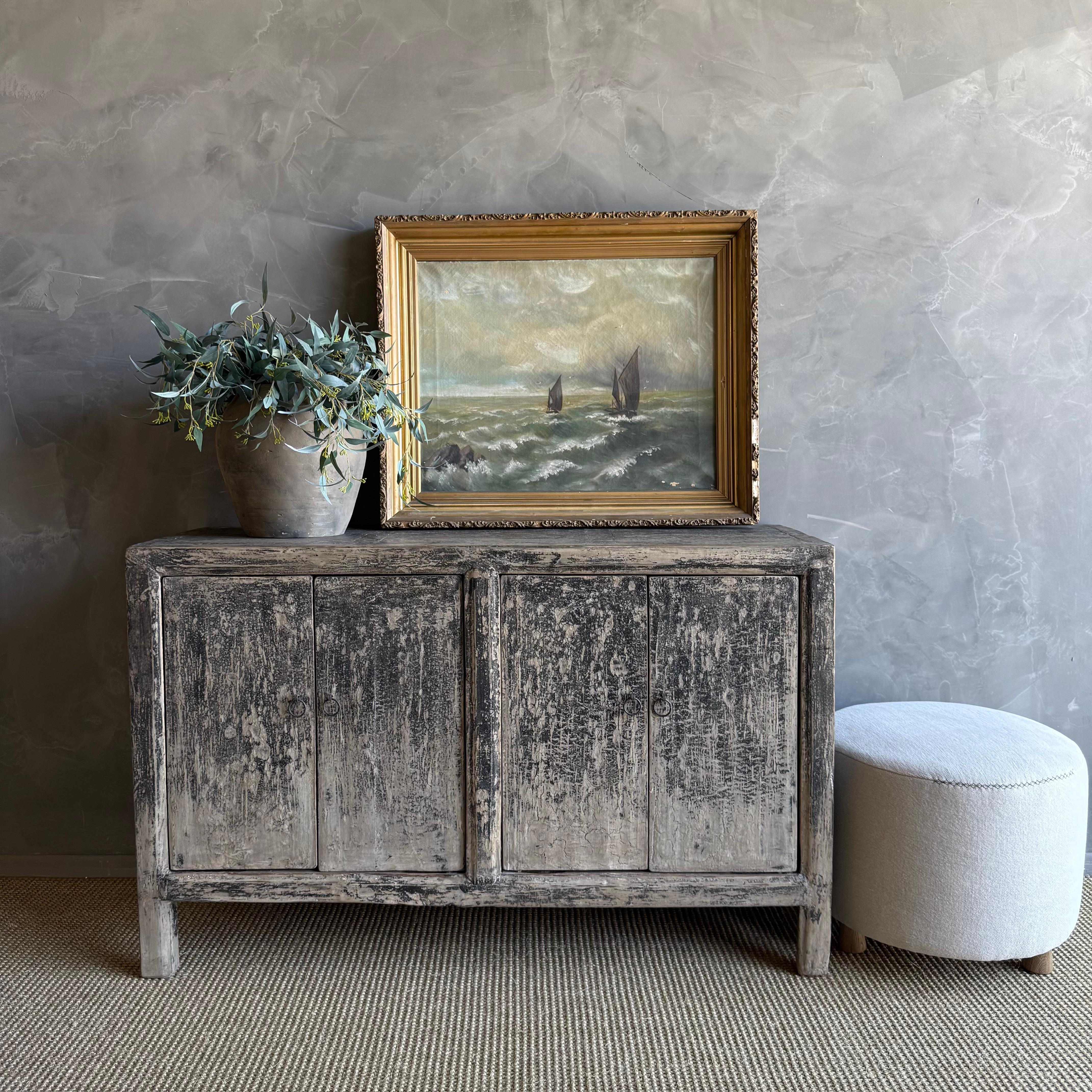 Vintage Painted Black Elm Wood Cabinet or Sideboard 51.5