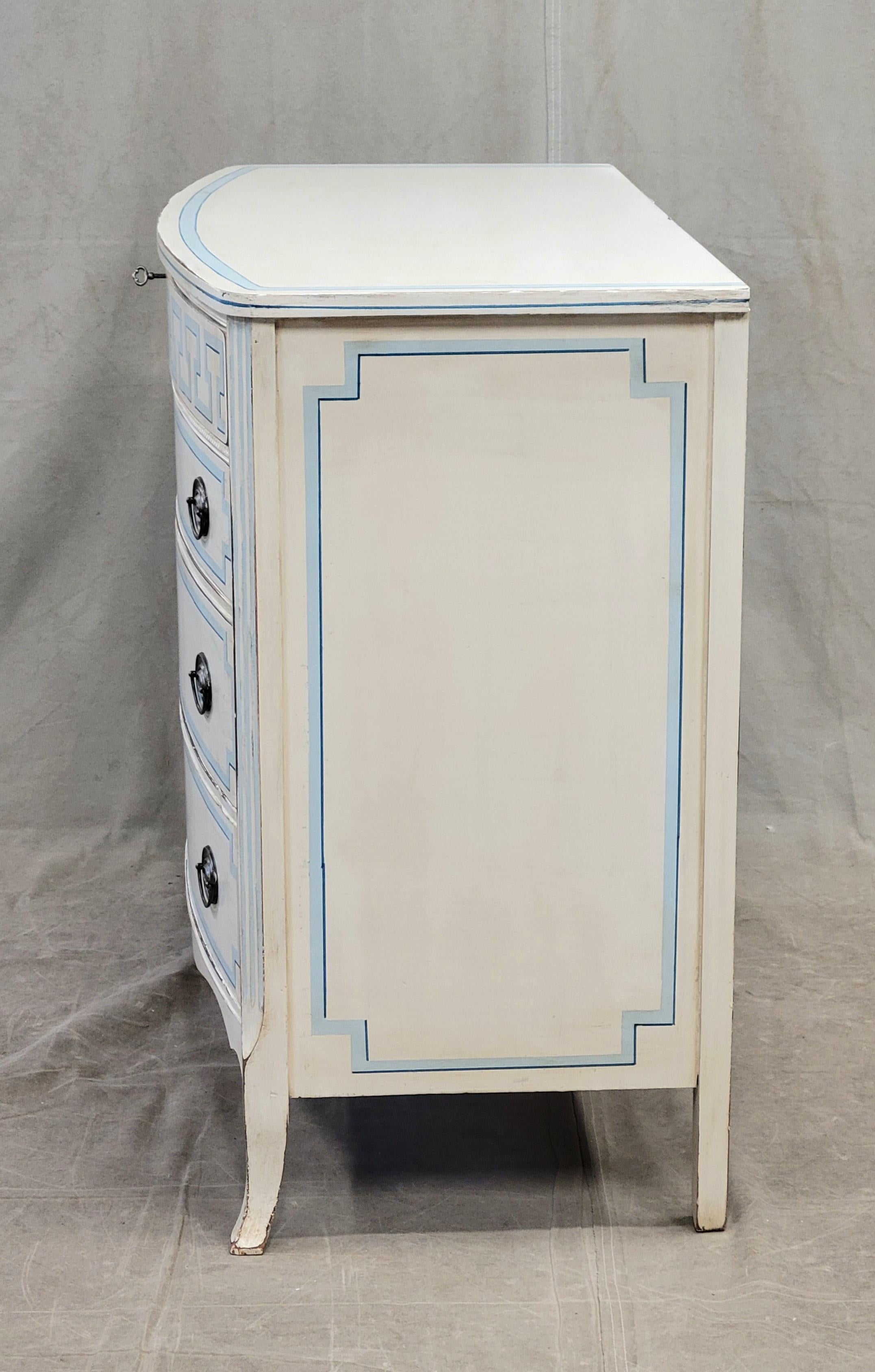 Vintage Painted Blue and White Trompe l'Oeil Bow Front Dresser With Greek Key  4