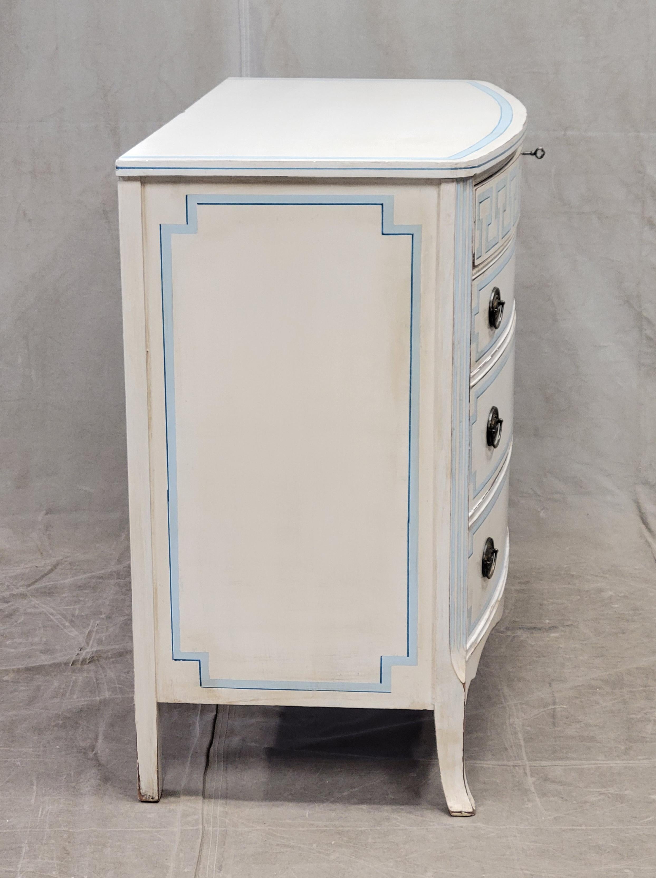 Vintage Painted Blue and White Trompe l'Oeil Bow Front Dresser With Greek Key  5