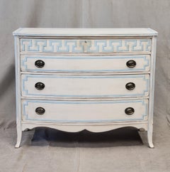 Vintage Painted Blue and White Trompe l'Oeil Bow Front Dresser With Greek Key