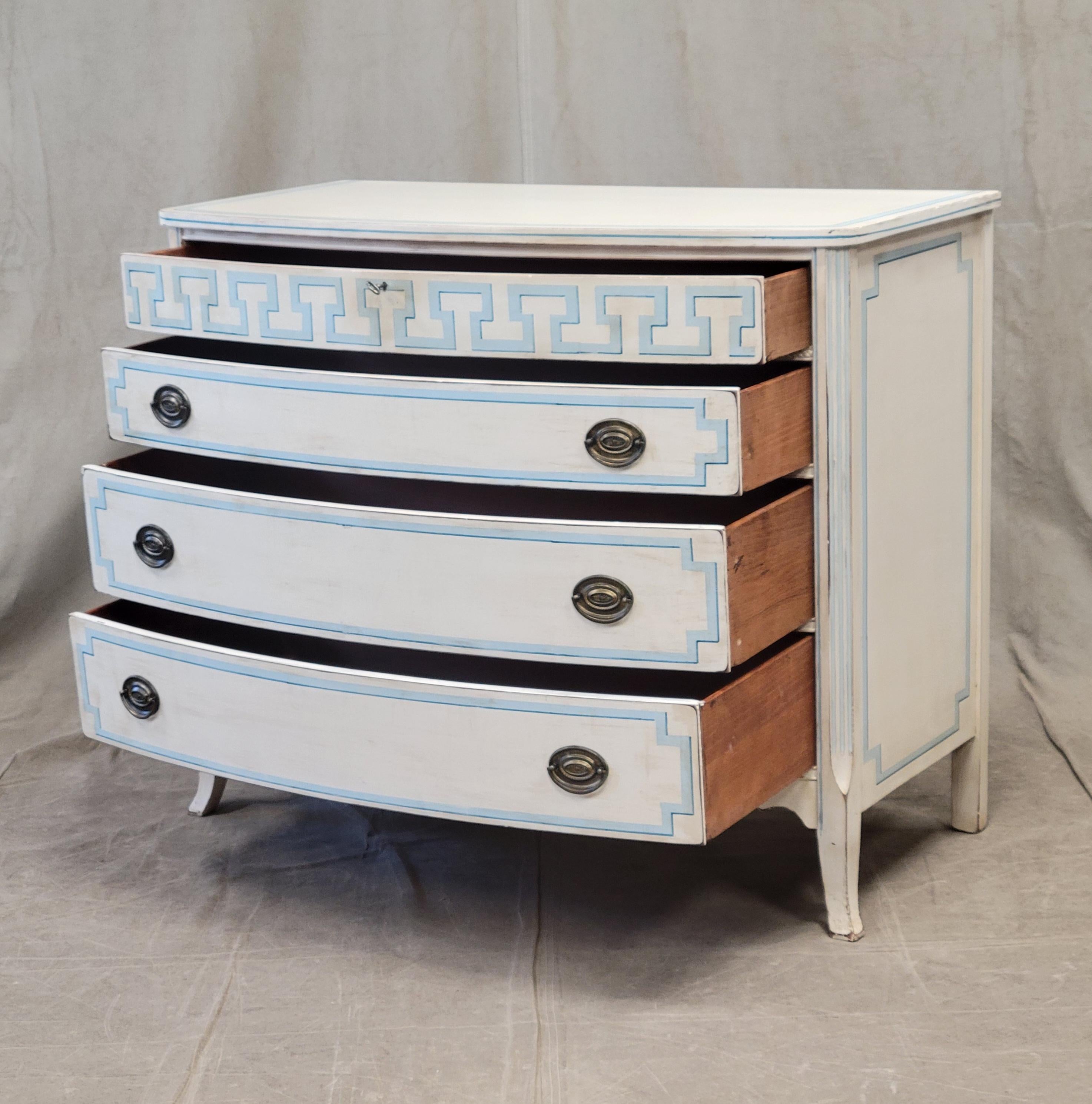 Neoclassical Vintage Painted Blue and White Trompe l'Oeil Bow Front Dresser With Greek Key 