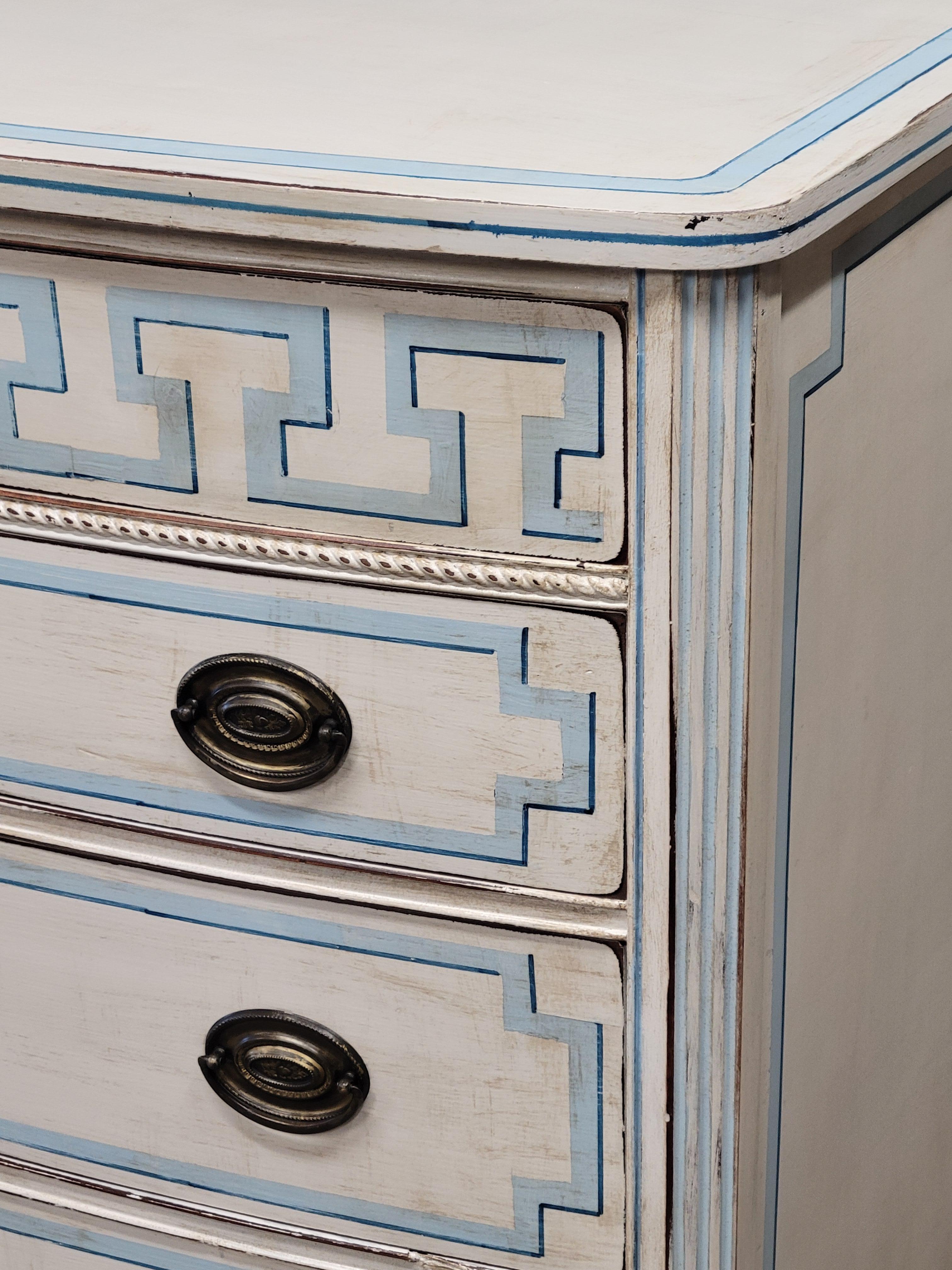 Unknown Vintage Painted Blue and White Trompe l'Oeil Bow Front Dresser With Greek Key 