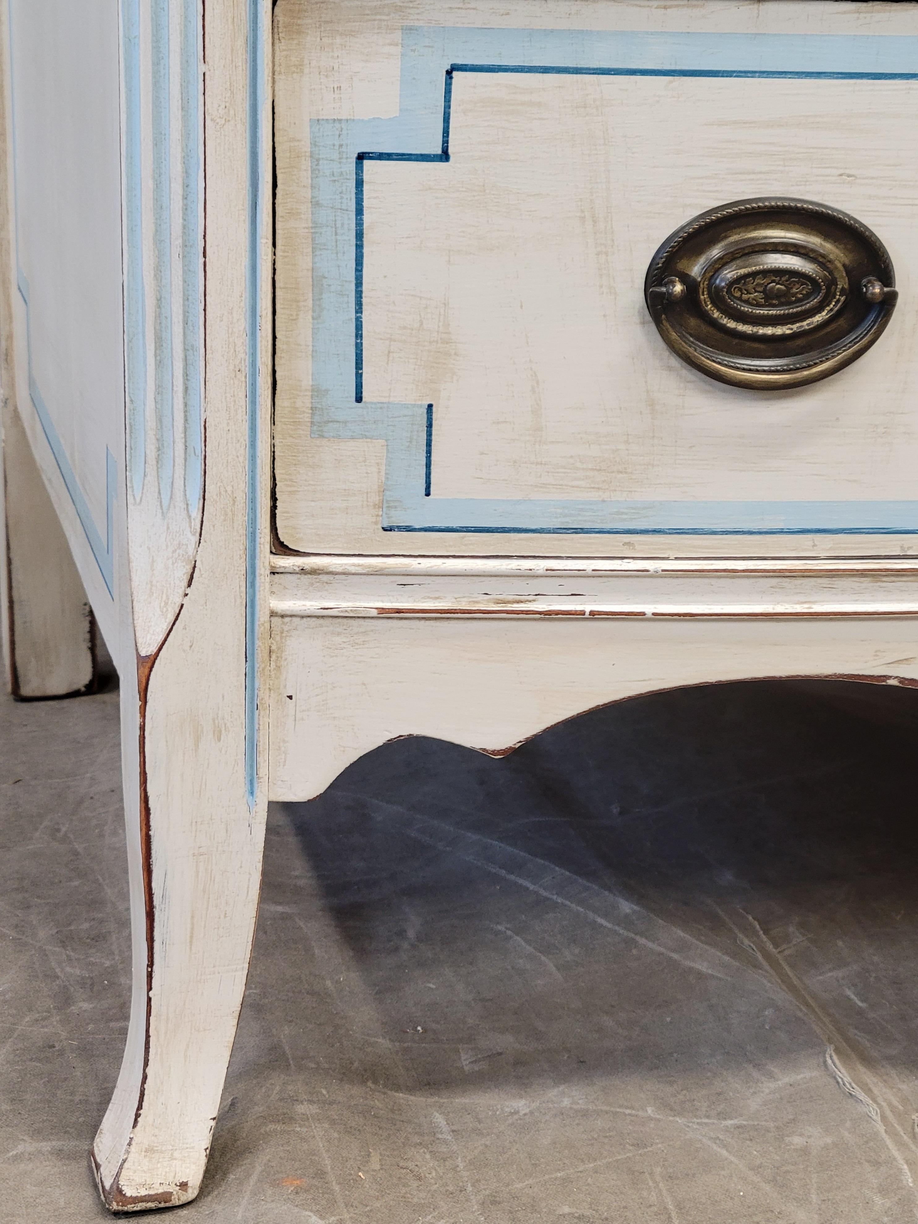 Hand-Painted Vintage Painted Blue and White Trompe l'Oeil Bow Front Dresser With Greek Key 