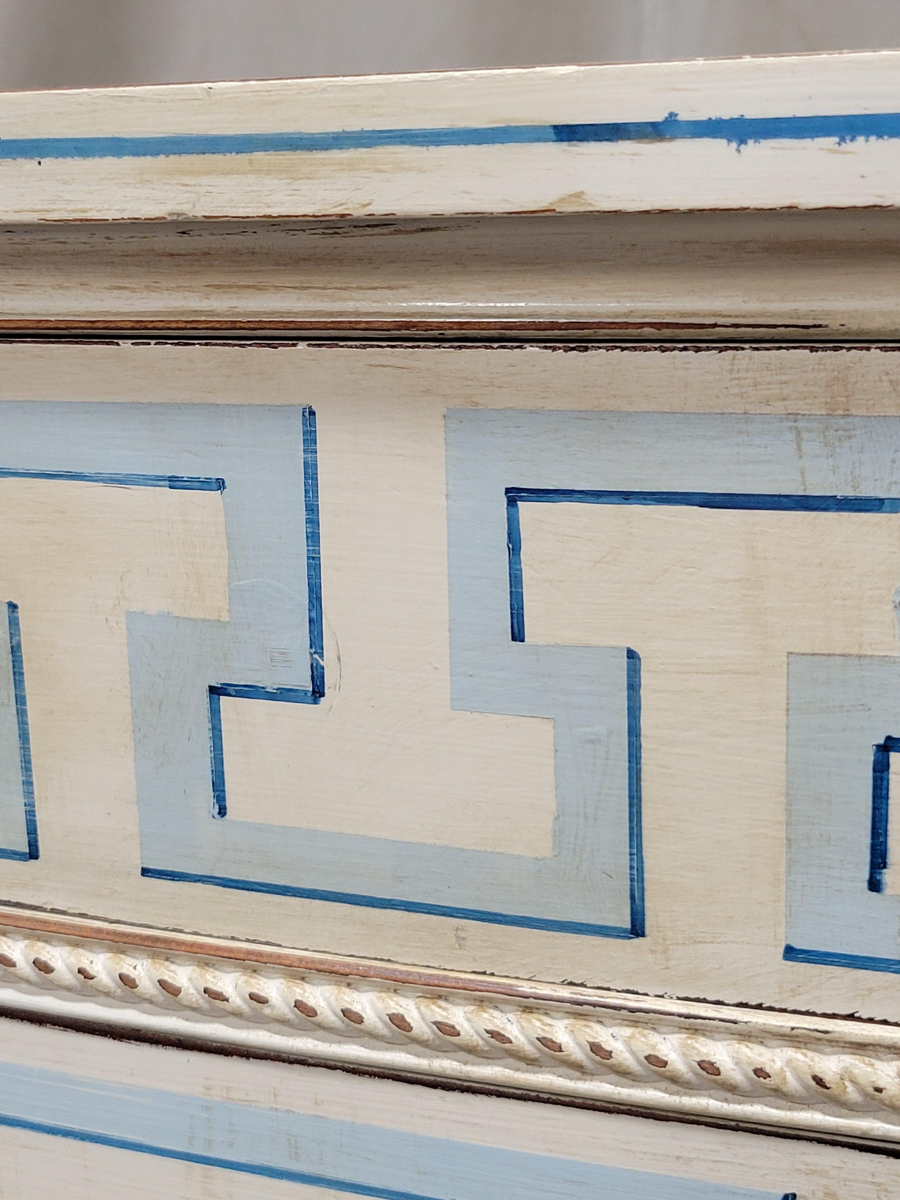 Vintage Painted Blue and White Trompe l'Oeil Bow Front Dresser With Greek Key  In Good Condition In Centennial, CO