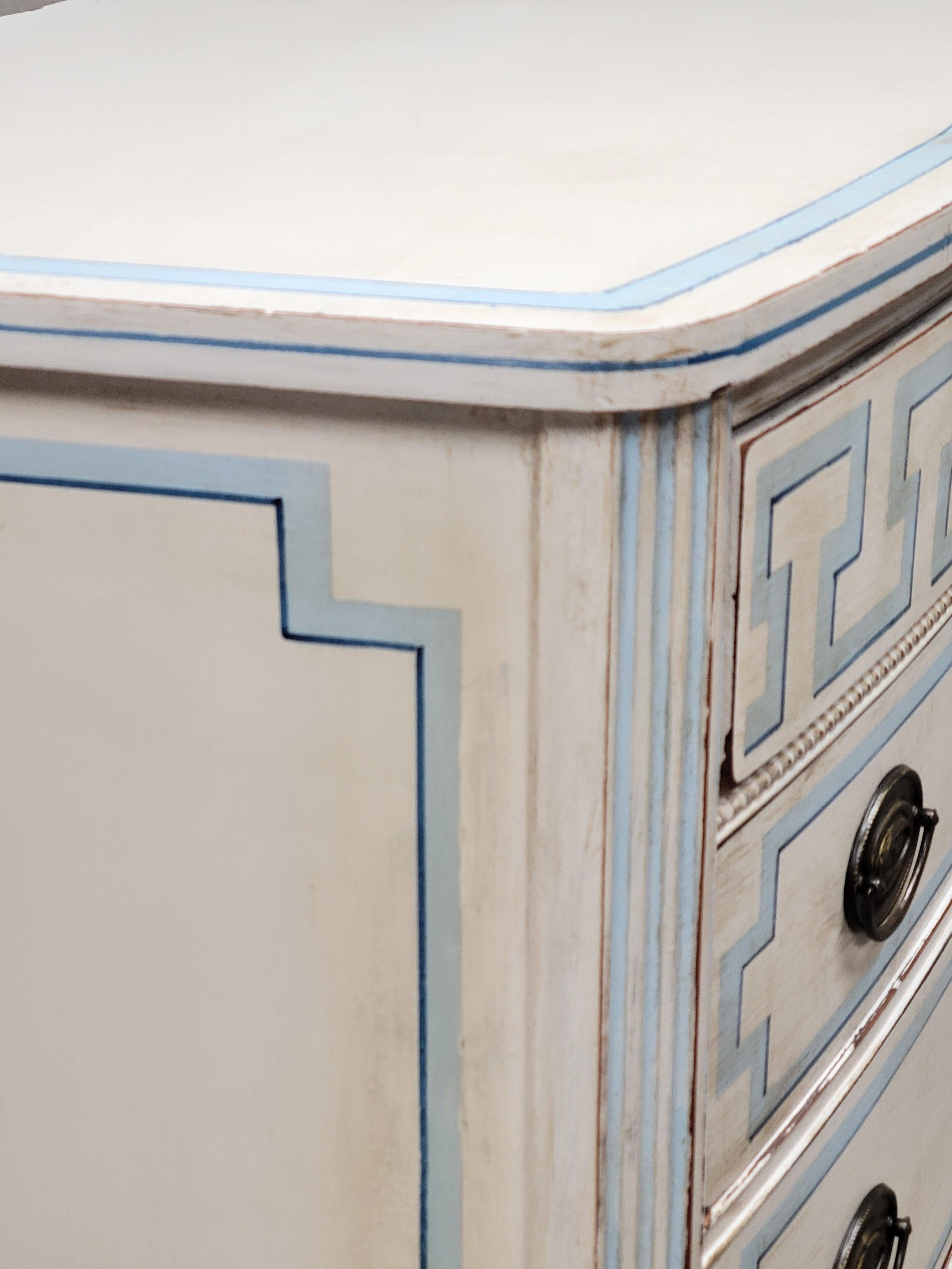 Mid-20th Century Vintage Painted Blue and White Trompe l'Oeil Bow Front Dresser With Greek Key 