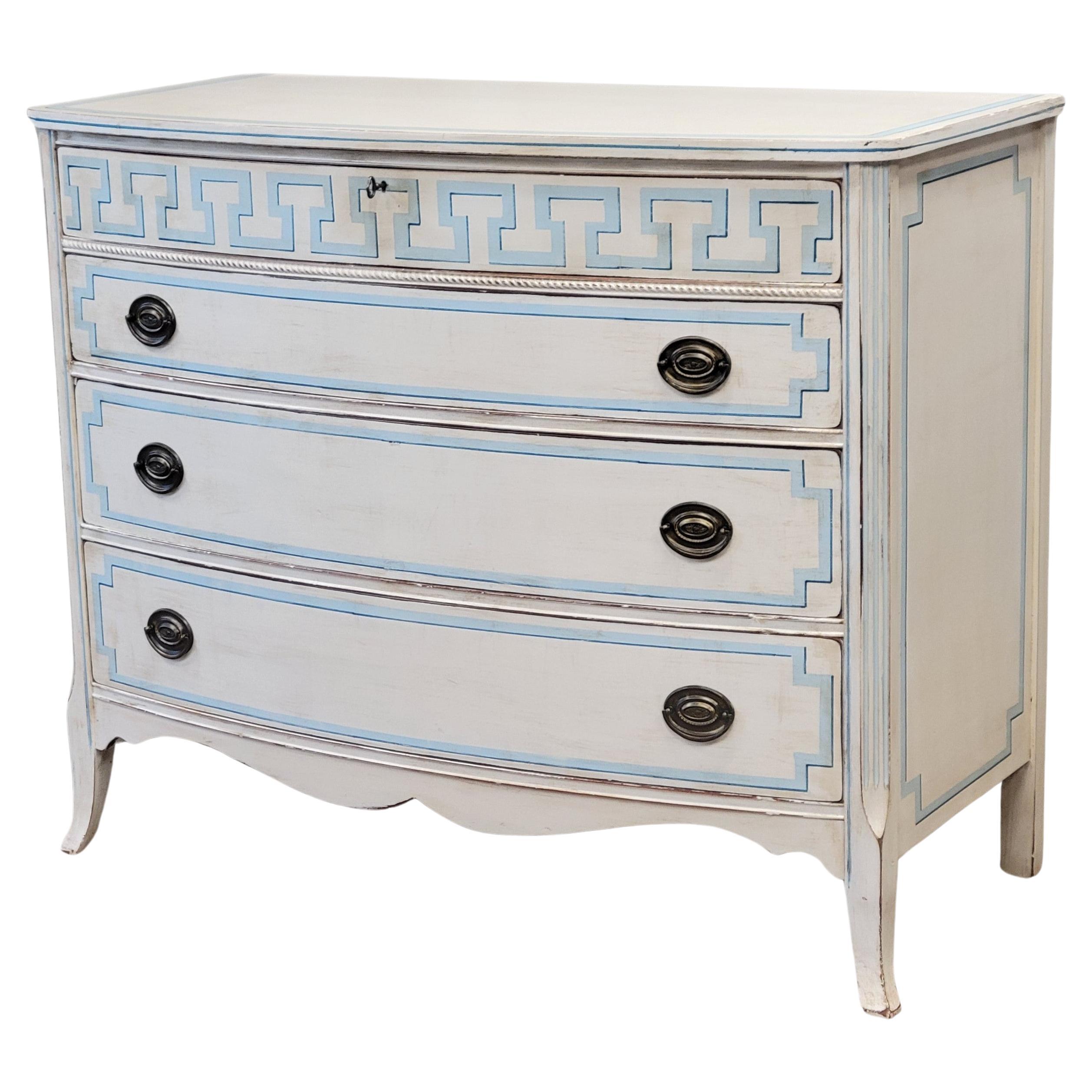Vintage Painted Blue and White Trompe l'Oeil Bow Front Dresser With Greek Key 