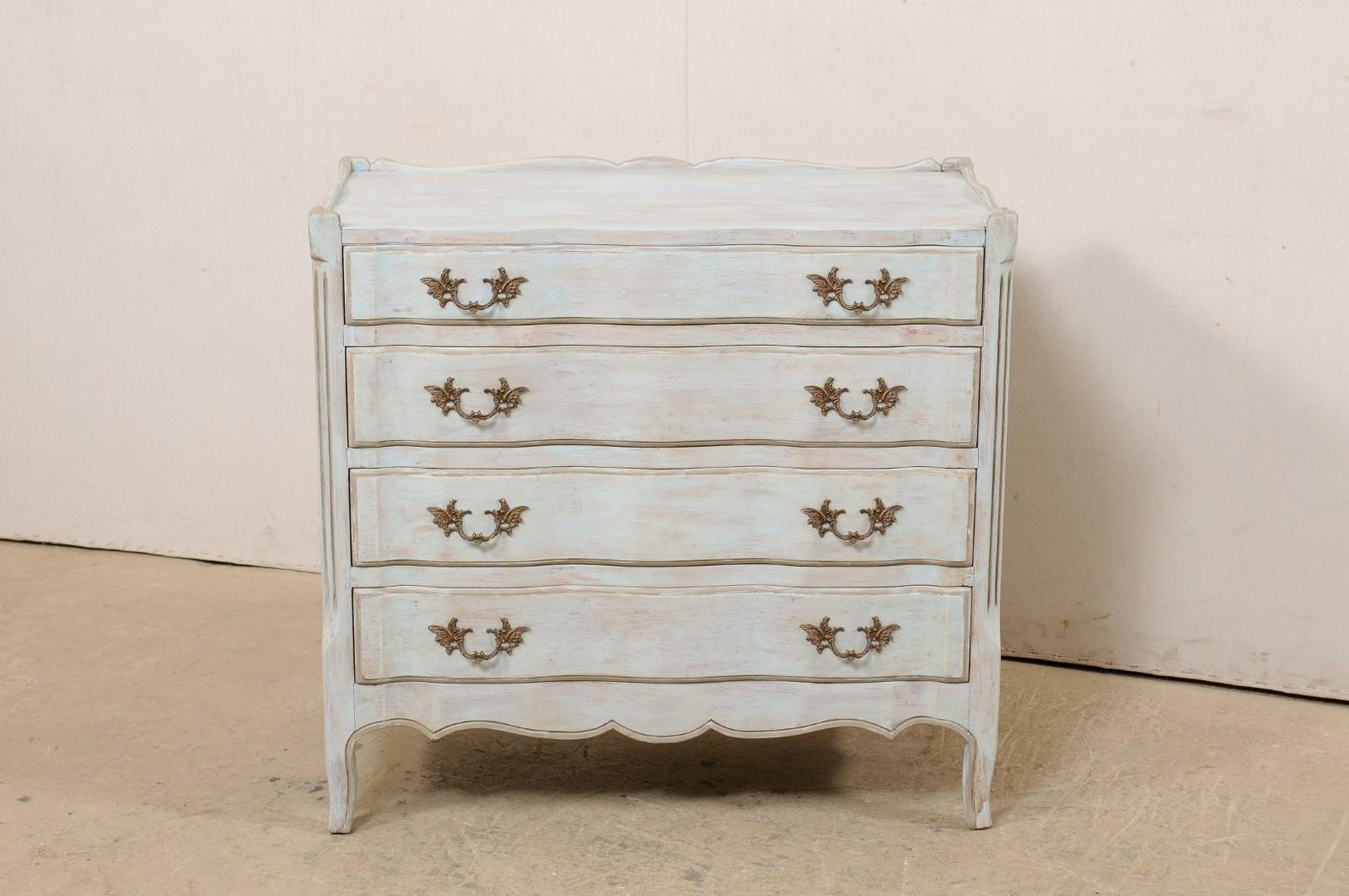 American Vintage Painted & Carved Wood 4-Drawer Chest w/Beautifully Scalloped Top & Skirt