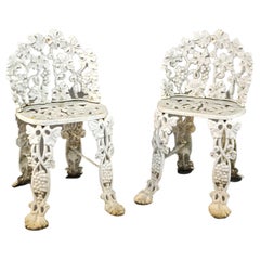 Vintage Painted Cast Iron Grape & Leaf Garden Seats with Stylized Paw Feet C1940