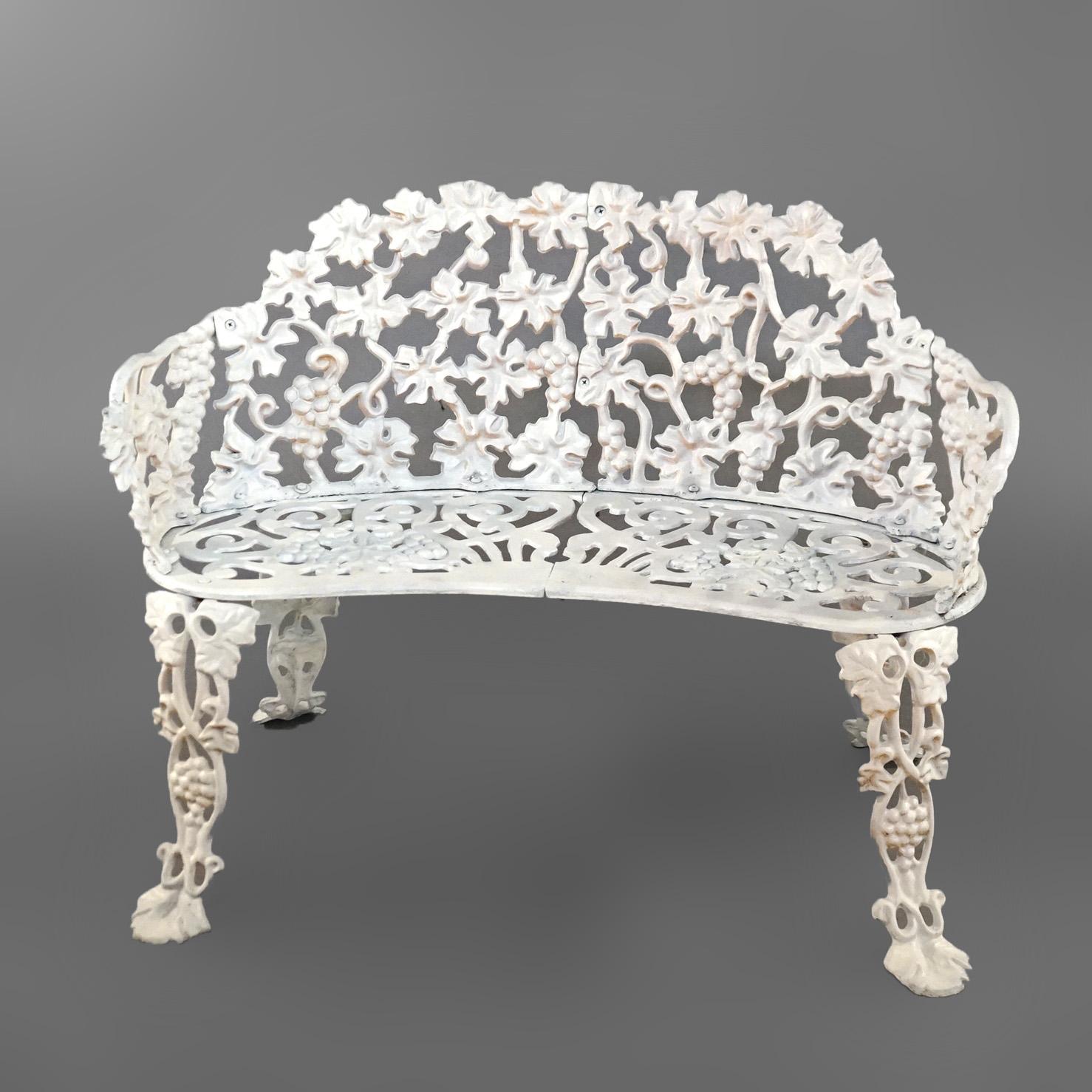 Vintage Painted Cast Iron Grape & Leaf Garden Settee with Stylized Paw Feet 1940 In Good Condition In Big Flats, NY