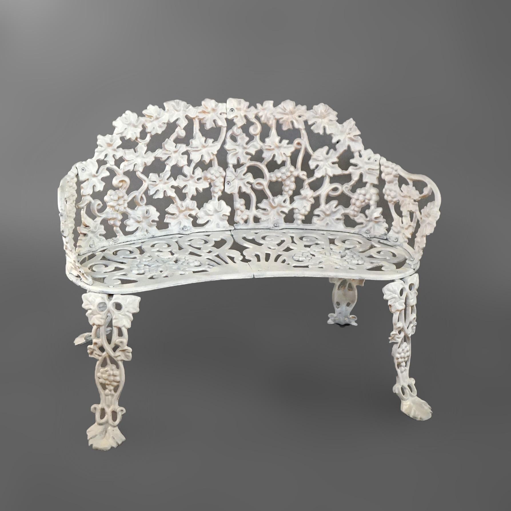 20th Century Vintage Painted Cast Iron Grape & Leaf Garden Settee with Stylized Paw Feet 1940