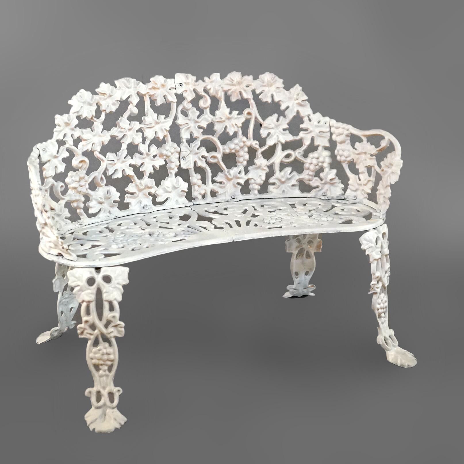 Vintage Painted Cast Iron Grape & Leaf Garden Settee with Stylized Paw Feet 1940 2