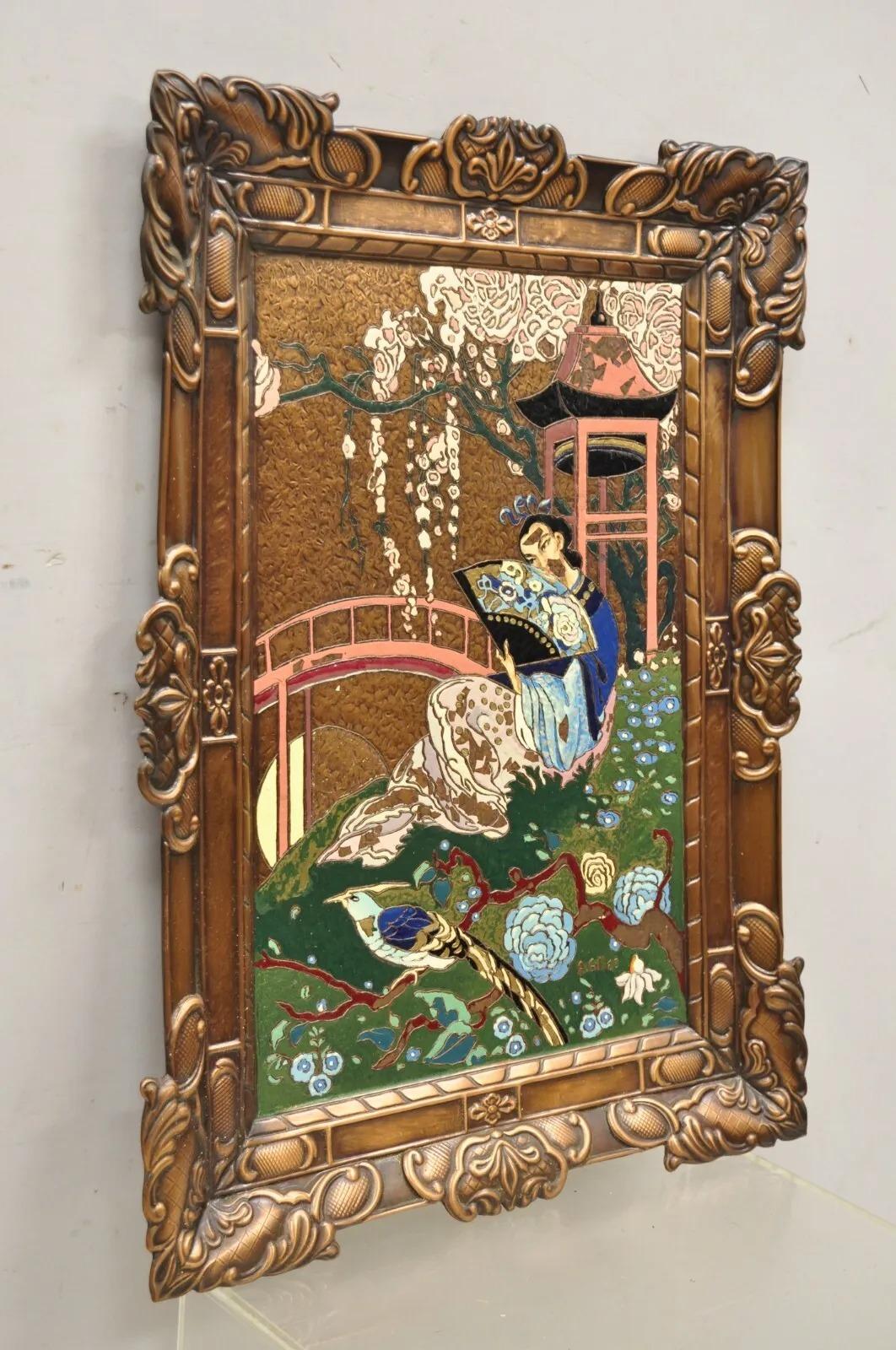 Vintage Painted Copper Metal Relief Art By A Gilles 26”x 20” Japanese Sakura For Sale 6