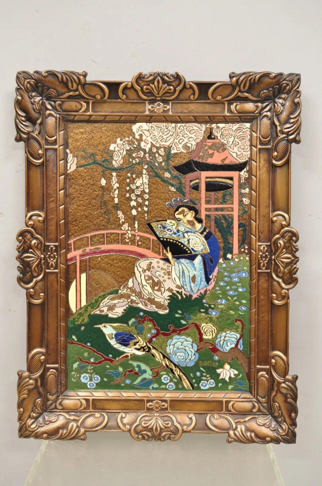 Vintage Painted Copper Metal Relief Art By A Gilles 26”x 20” Japanese Sakura For Sale 7