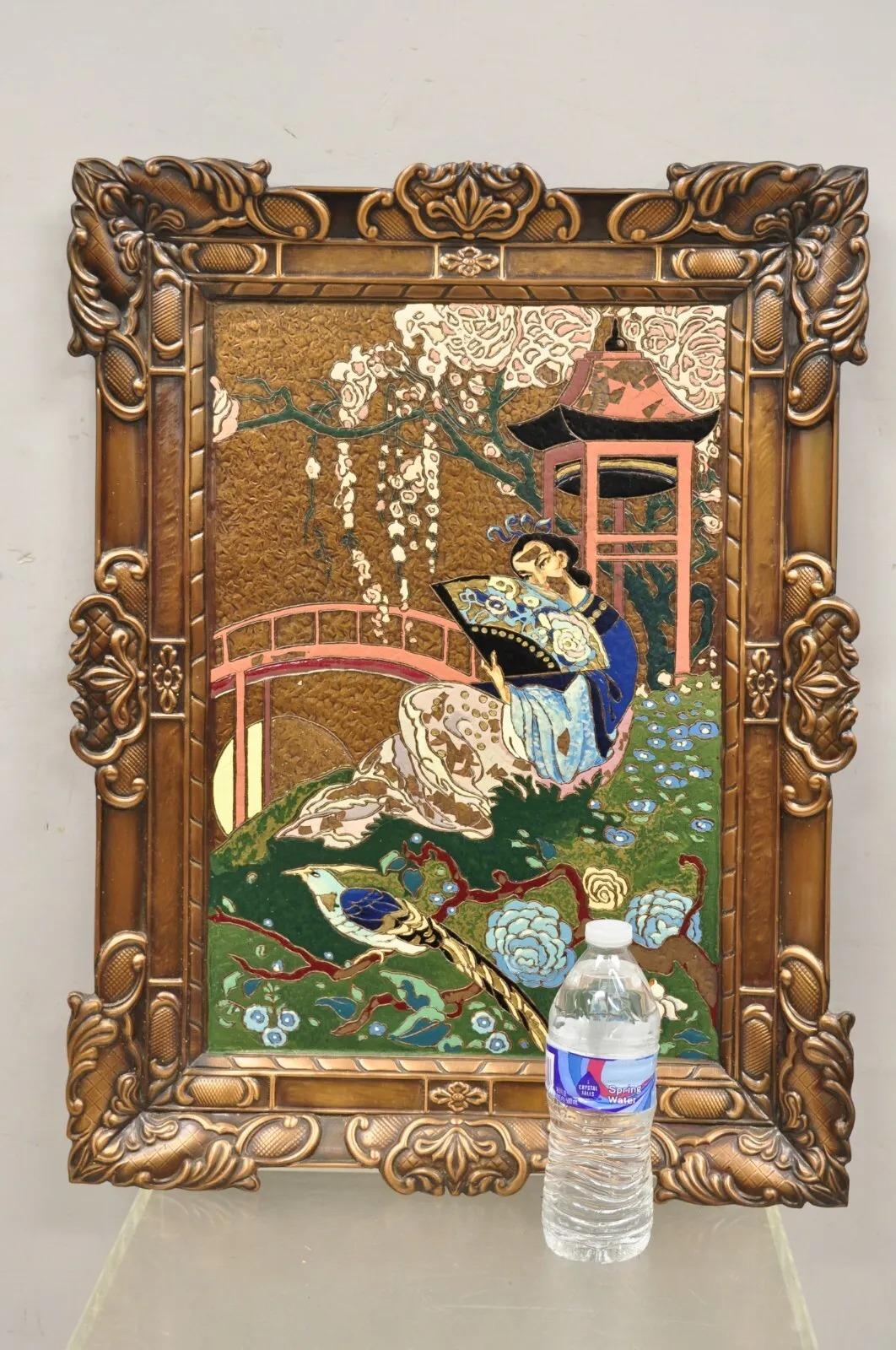 Vintage Painted Copper Metal Relief Art By A Gilles 26”x20 ” Japanese Sakura. Circa Mid to Late 20th Century. Measurements: 26