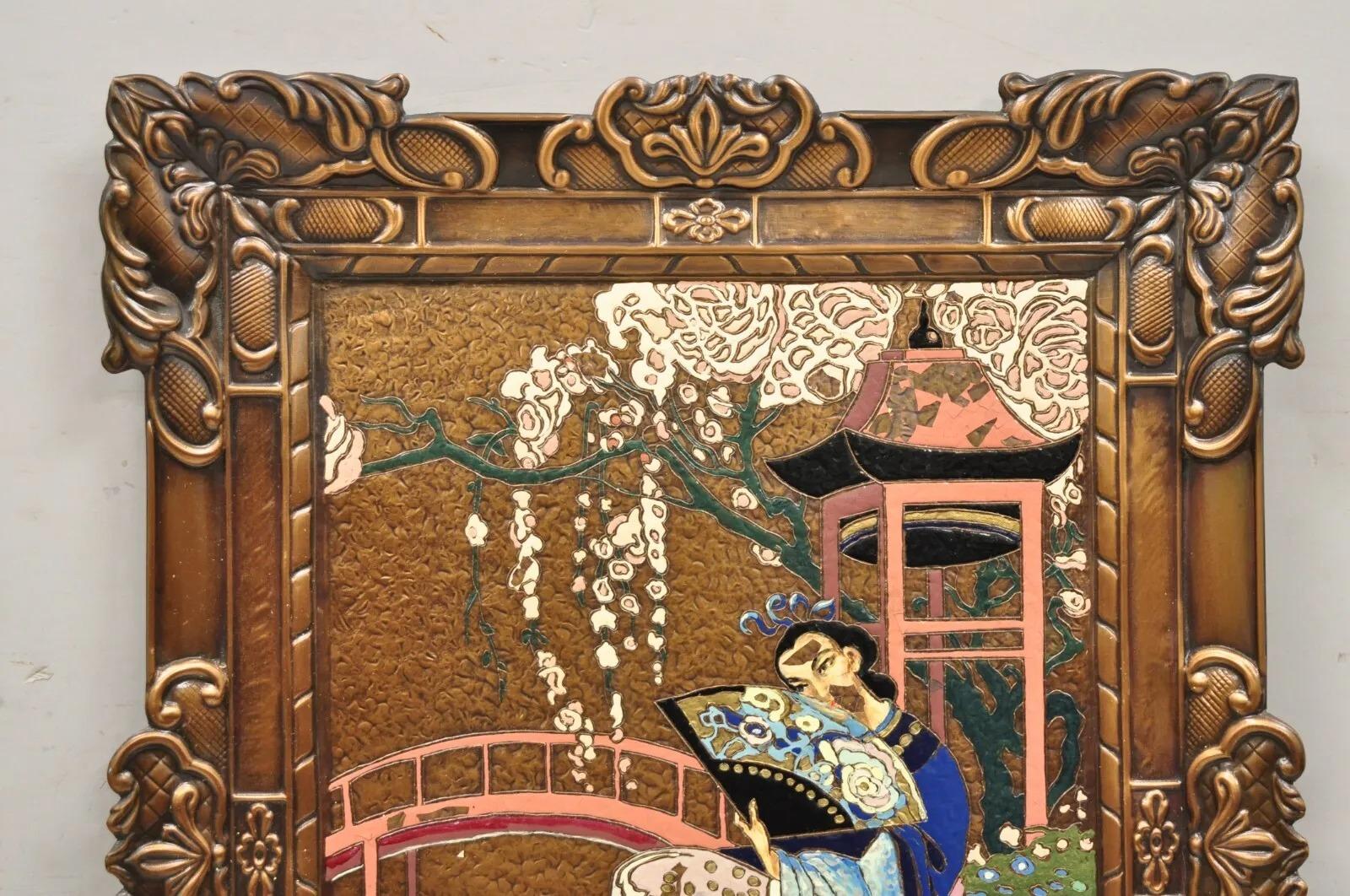 Anglo-Japanese Vintage Painted Copper Metal Relief Art By A Gilles 26”x 20” Japanese Sakura For Sale