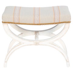 Vintage Painted Curule Bench with Greek Key Embrioidered Linen Upholstery