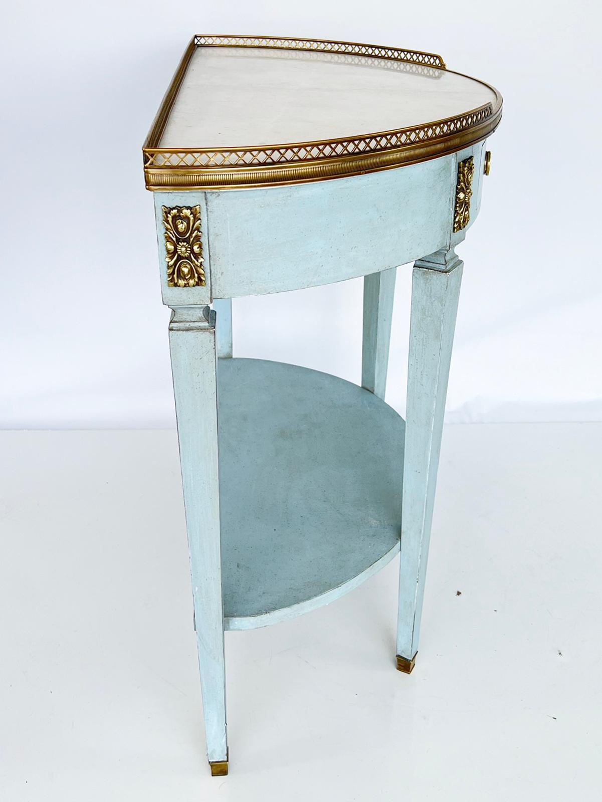 Neoclassical Vintage Painted Demilune Console with Pierced Brass Gallery and Carrara Top