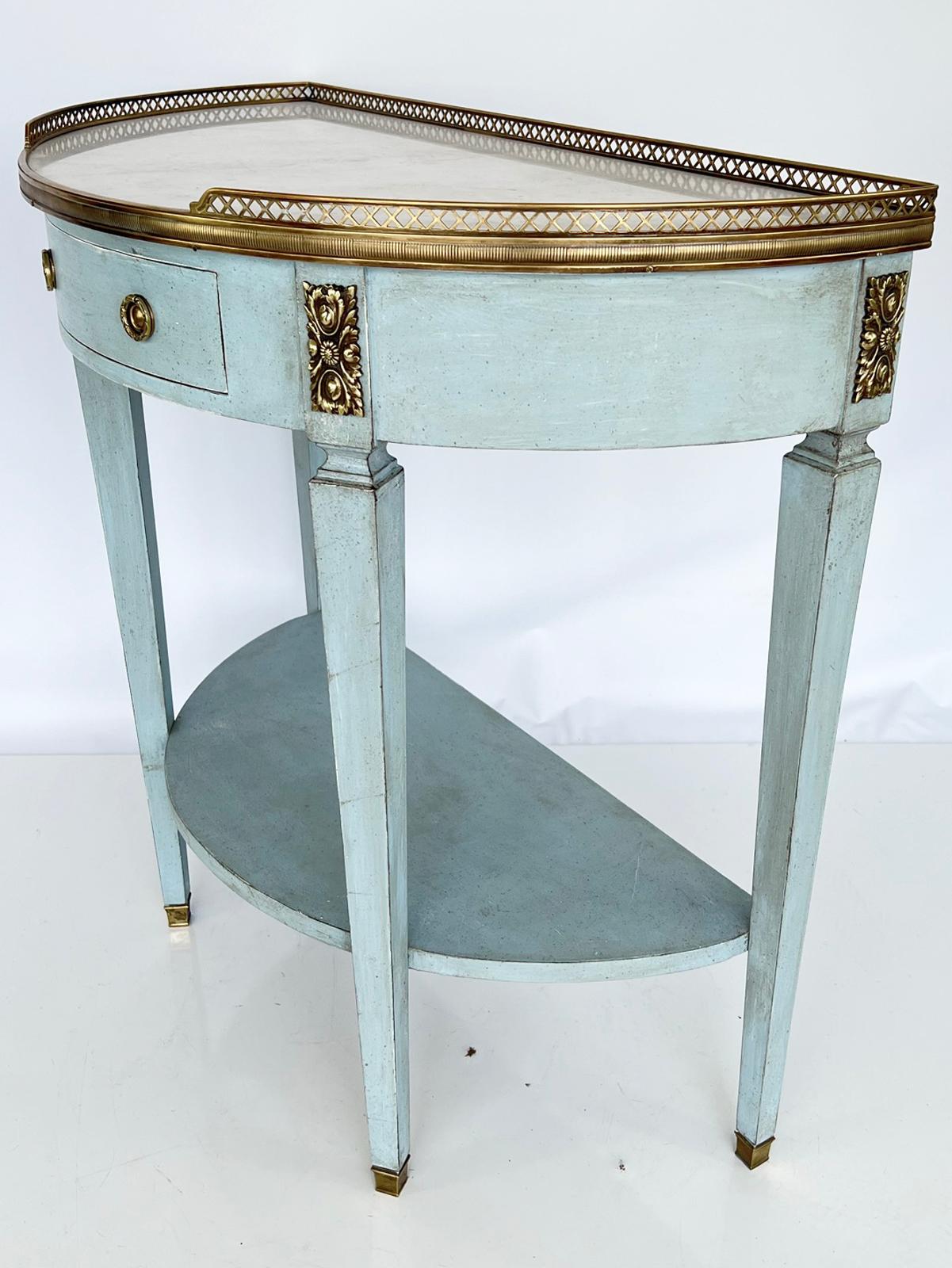 Italian Vintage Painted Demilune Console with Pierced Brass Gallery and Carrara Top