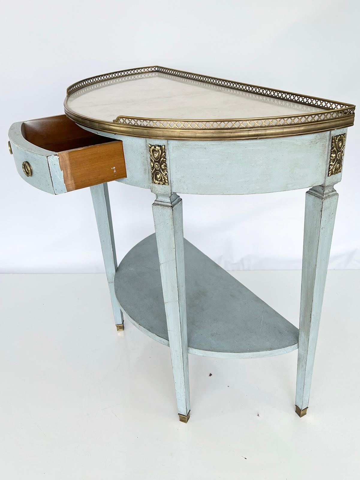 Vintage Painted Demilune Console with Pierced Brass Gallery and Carrara Top In Good Condition In West Palm Beach, FL
