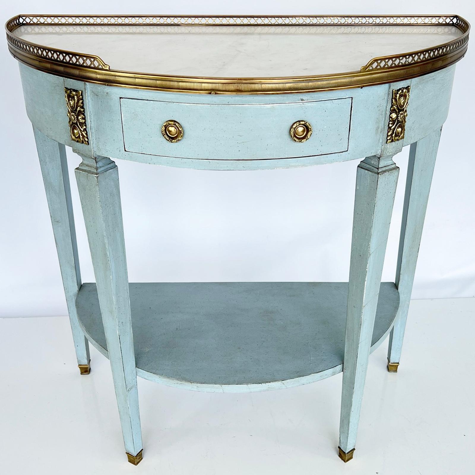 20th Century Vintage Painted Demilune Console with Pierced Brass Gallery and Carrara Top