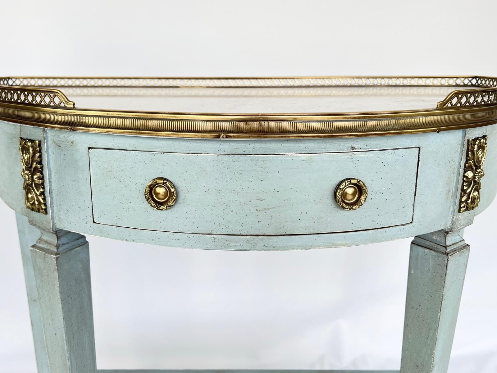 Carrara Marble Vintage Painted Demilune Console with Pierced Brass Gallery and Carrara Top