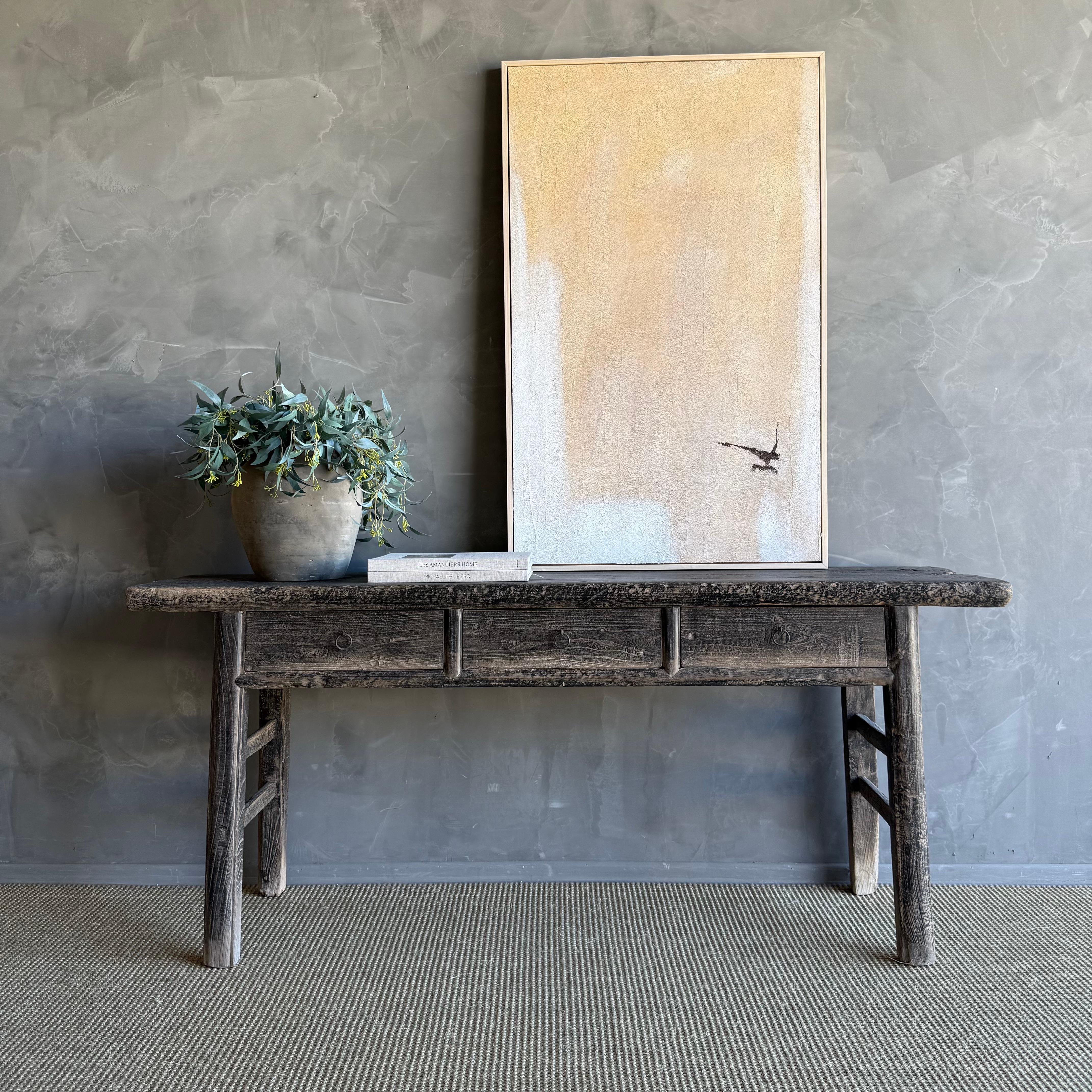 Vintage Painted Elm Wood Console Table with Drawers 73