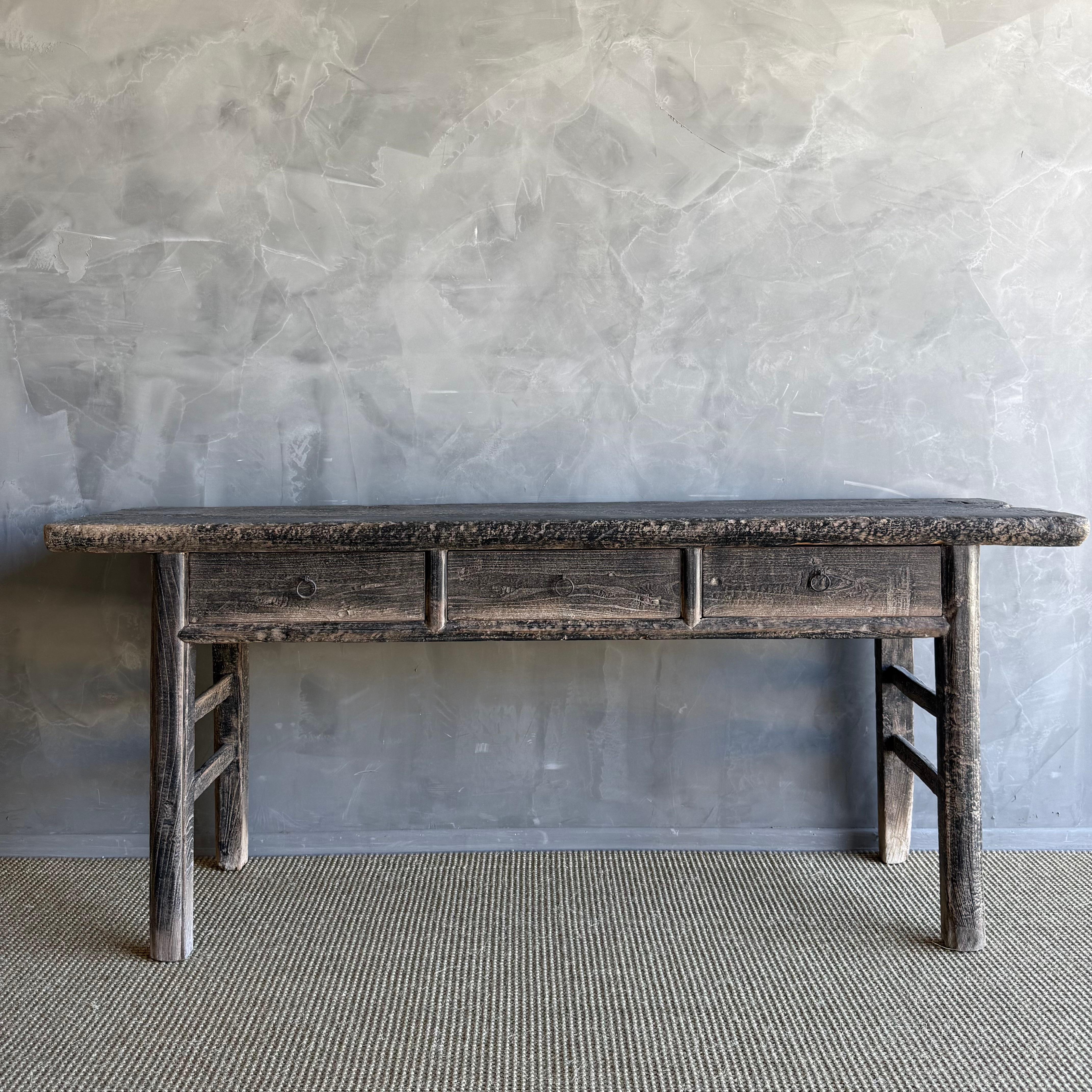 Vintage Painted Elm Wood Console Table with Drawers 73