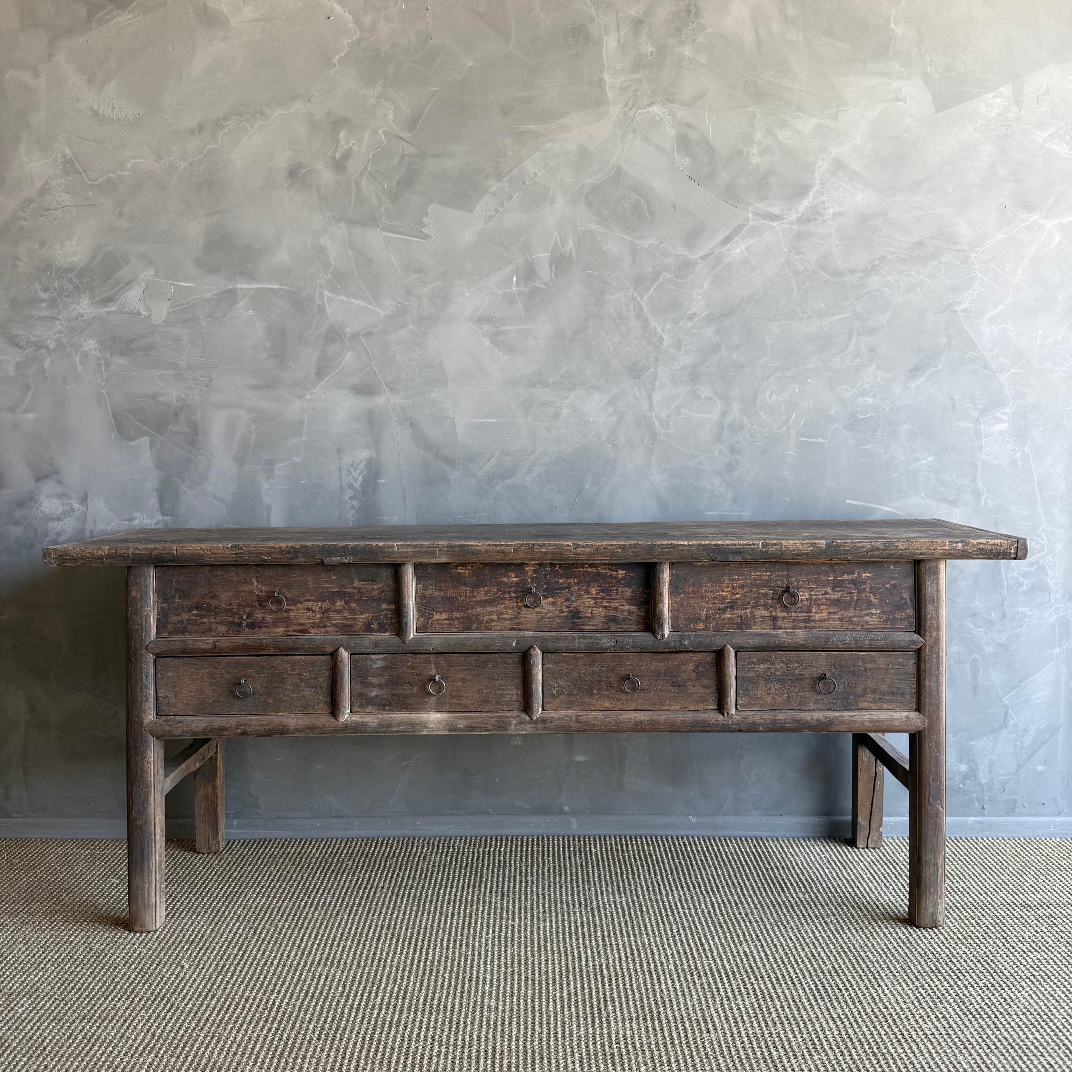 Organic Modern Vintage Painted Elm Wood Console Table with Drawers 76.5