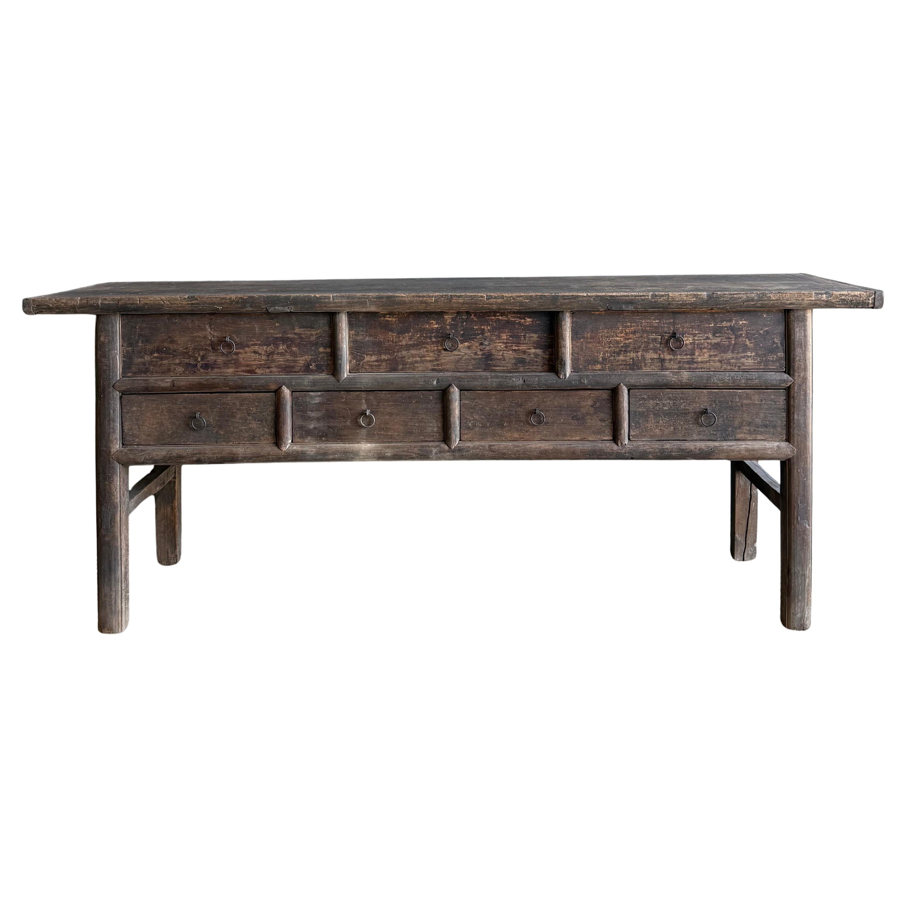 Vintage Painted Elm Wood Console Table with Drawers 76.5" For Sale