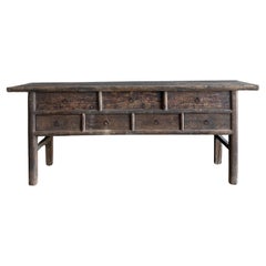 Vintage Painted Elm Wood Console Table with Drawers 76.5"
