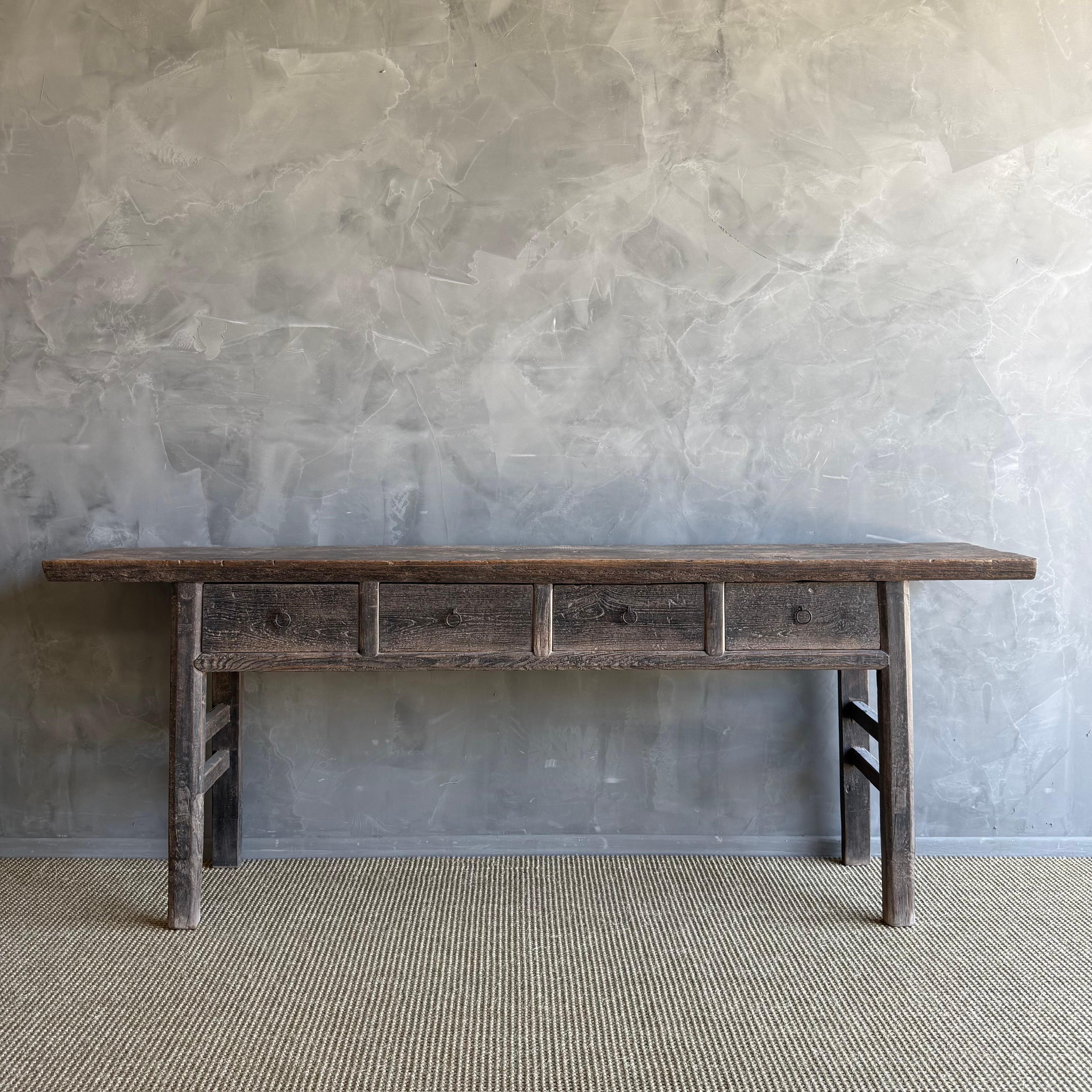 Vintage Painted Elm Wood Console Table with Drawers 84.5