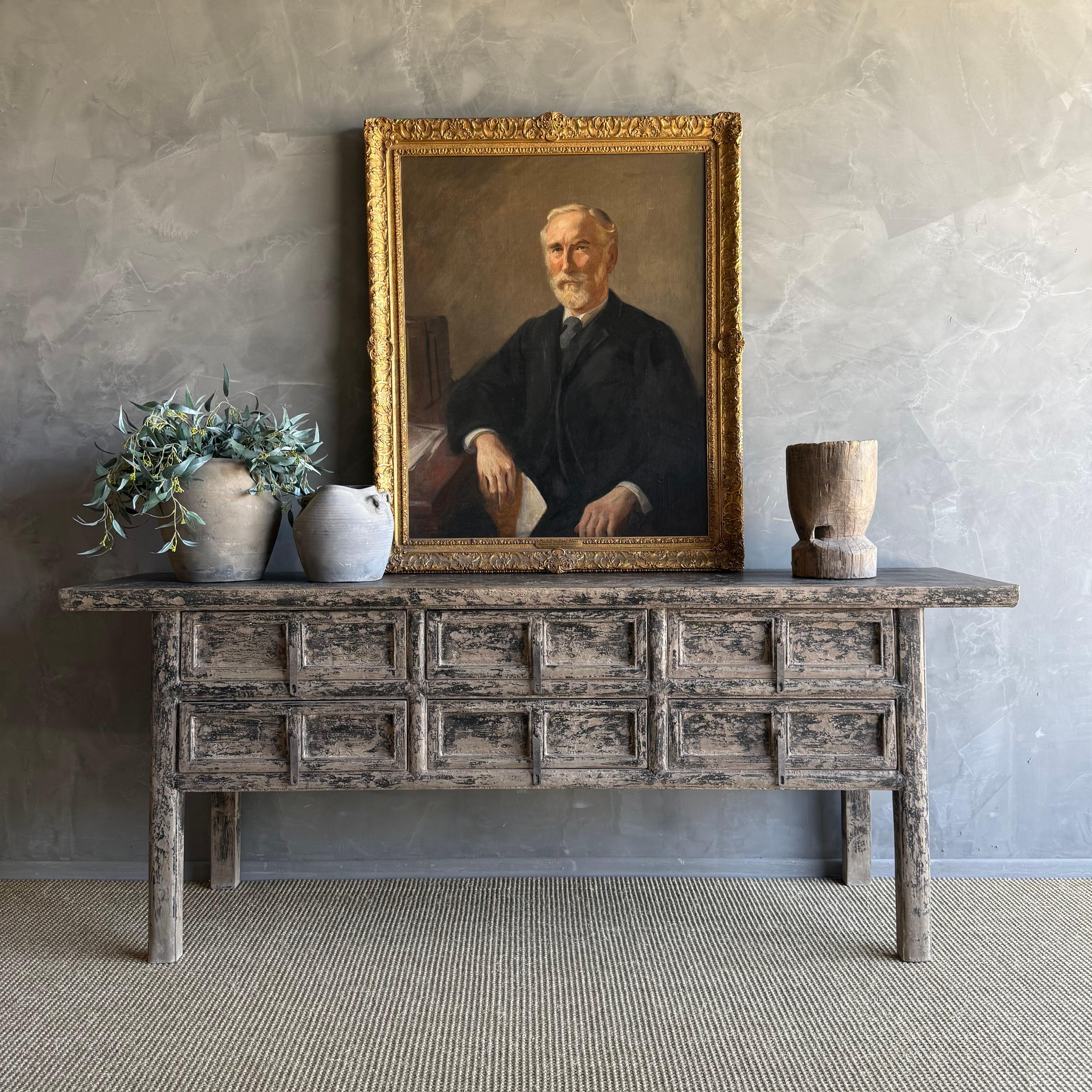 Organic Modern Vintage Painted Elm Wood Console Table with Drawers 84.5