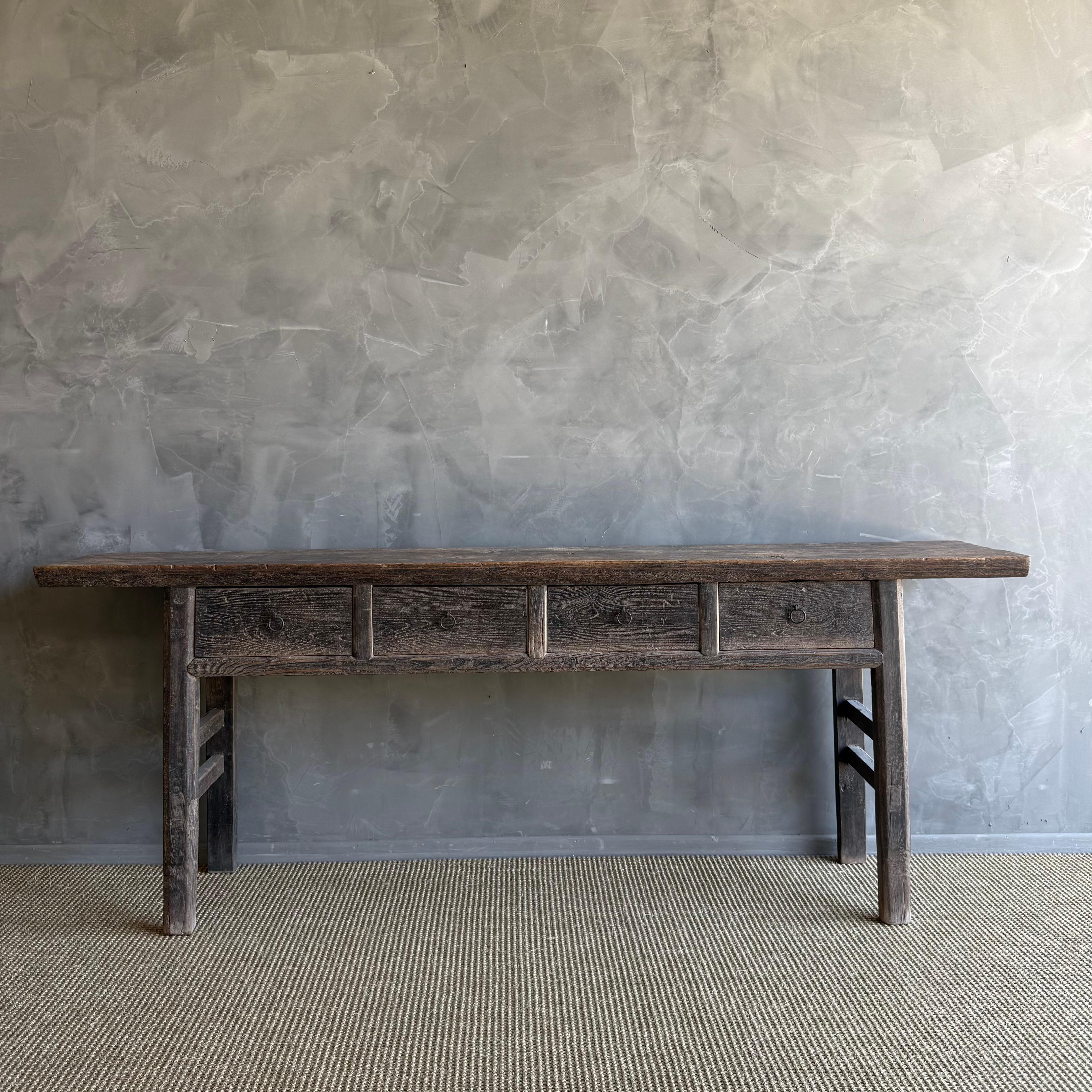 Organic Modern Vintage Painted Elm Wood Console Table with Drawers 84.5