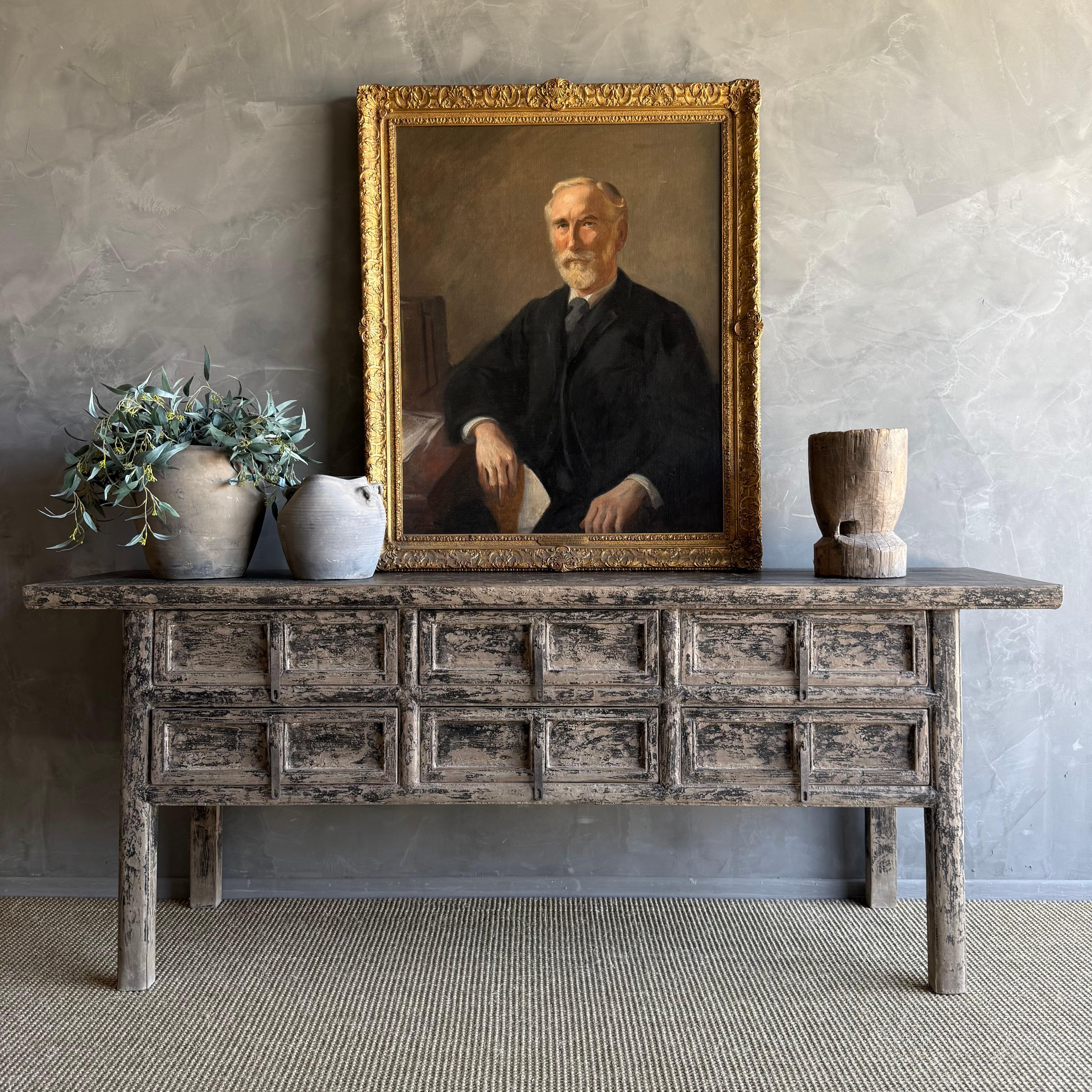Vintage Painted Elm Wood Console Table with Drawers 84.5