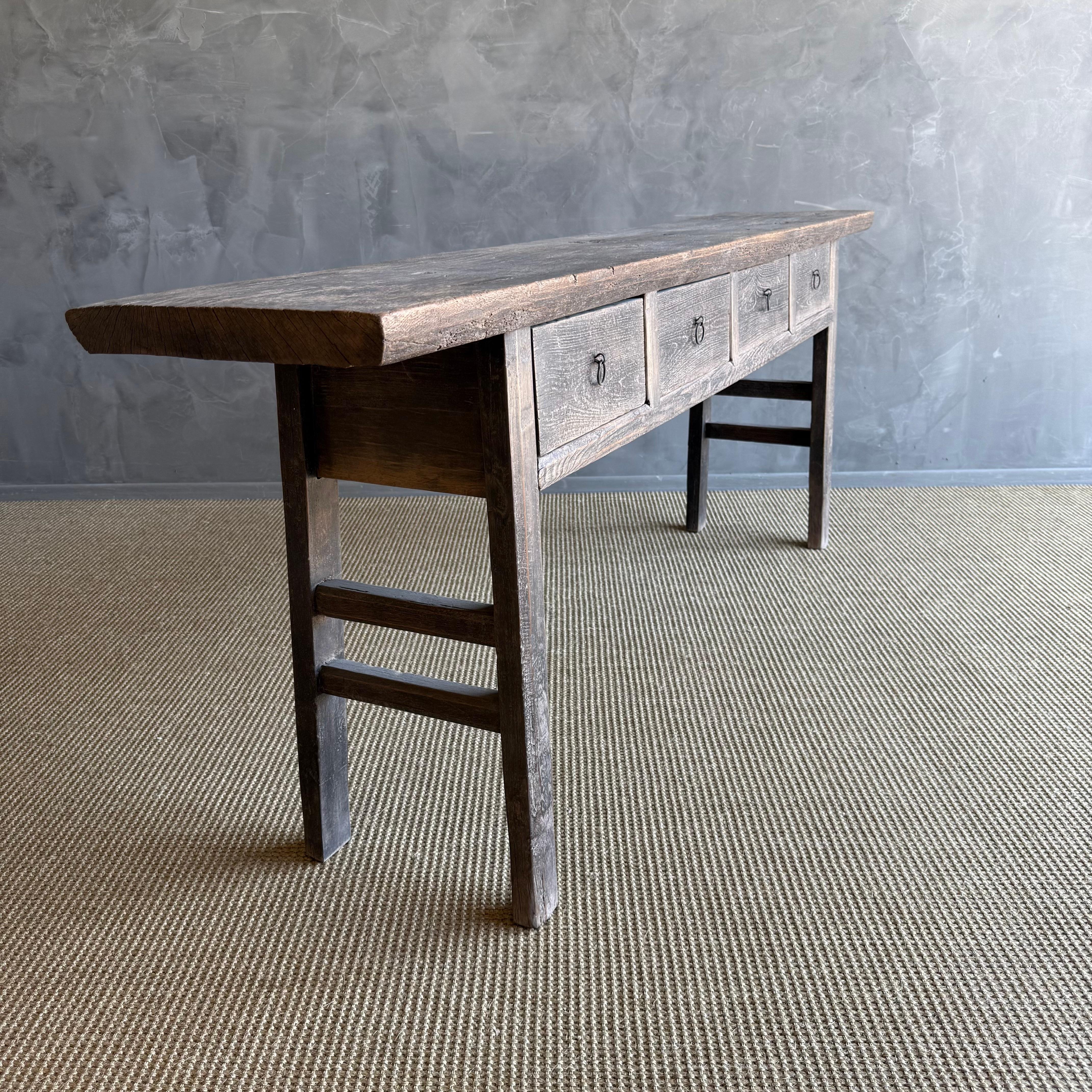 Vintage Painted Elm Wood Console Table with Drawers 84.5