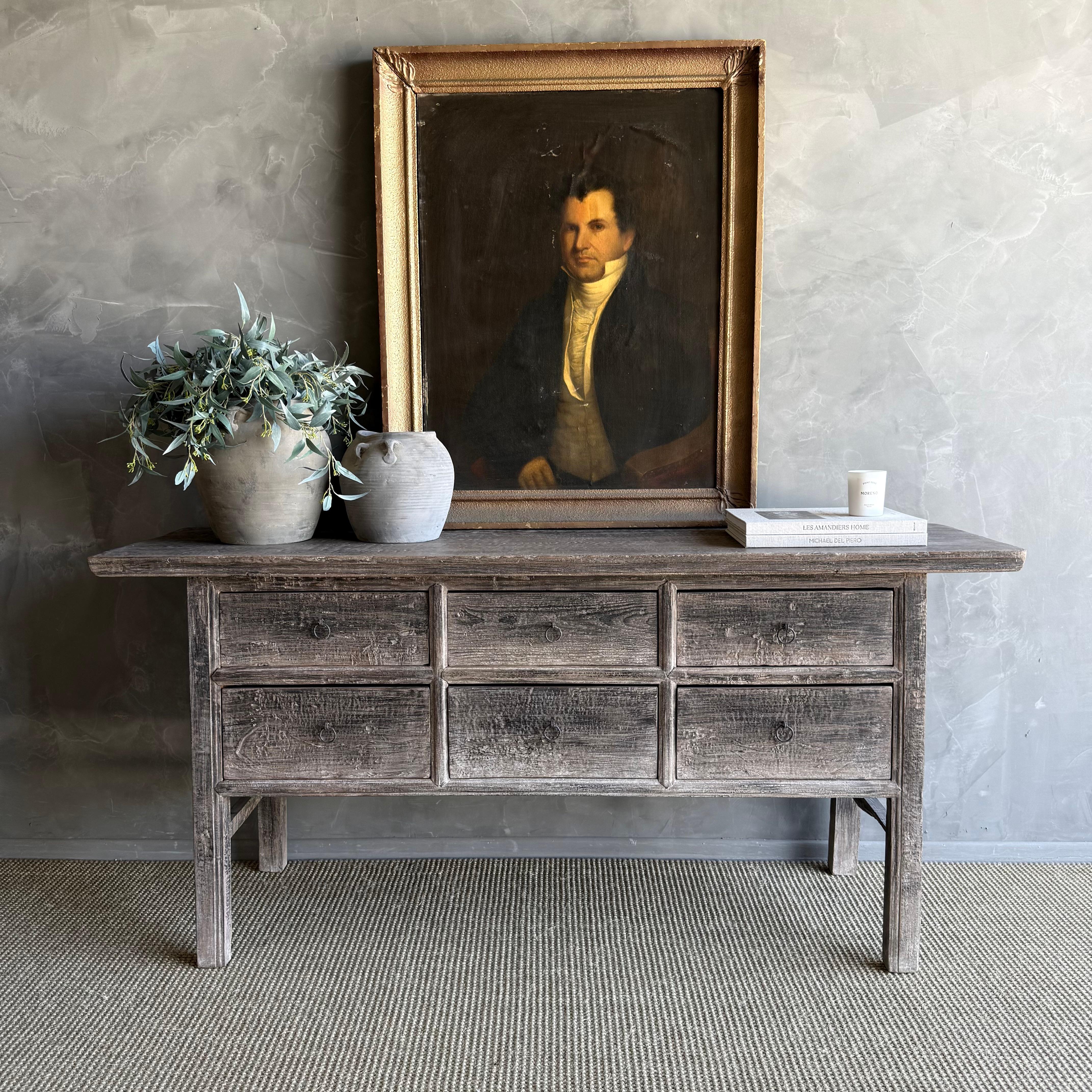 Tavolo consolle con cassetti in legno di olmo verniciato vintage in vendita 6