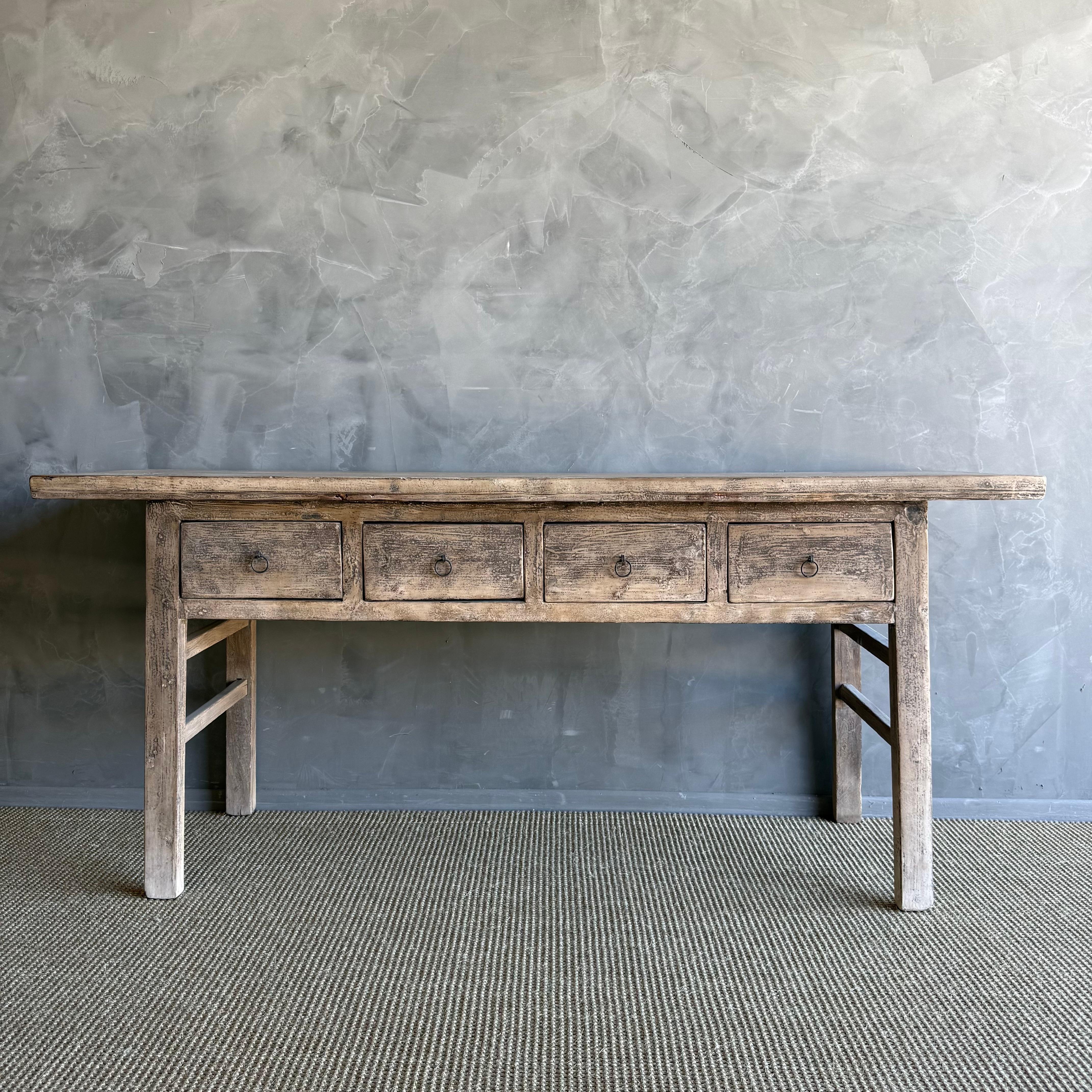 Organic Modern Vintage Painted Elm Wood Console Table with Drawers For Sale