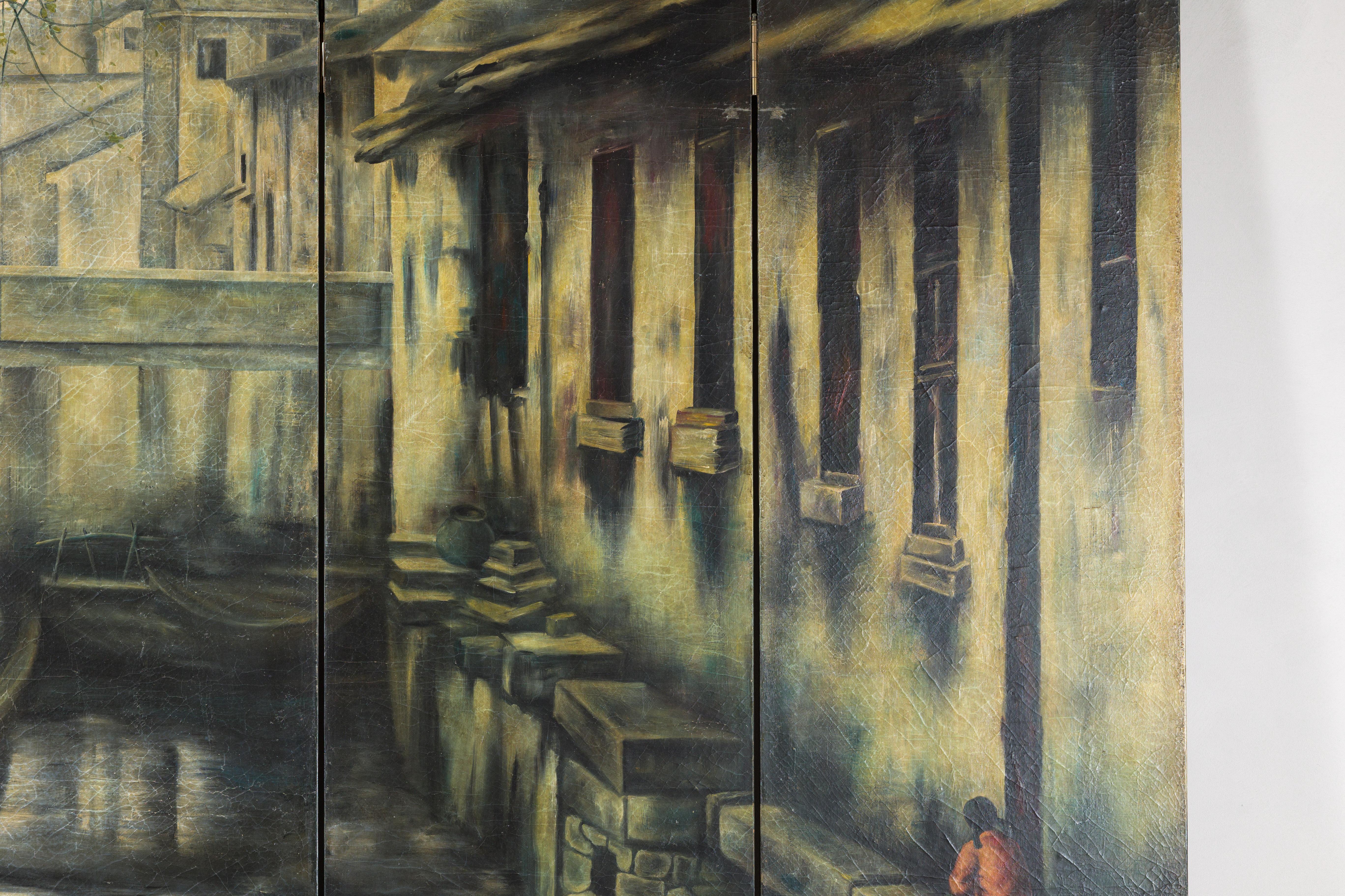 Paravento d'epoca dipinto a quattro pannelli con scena del villaggio di Canal in vendita 3