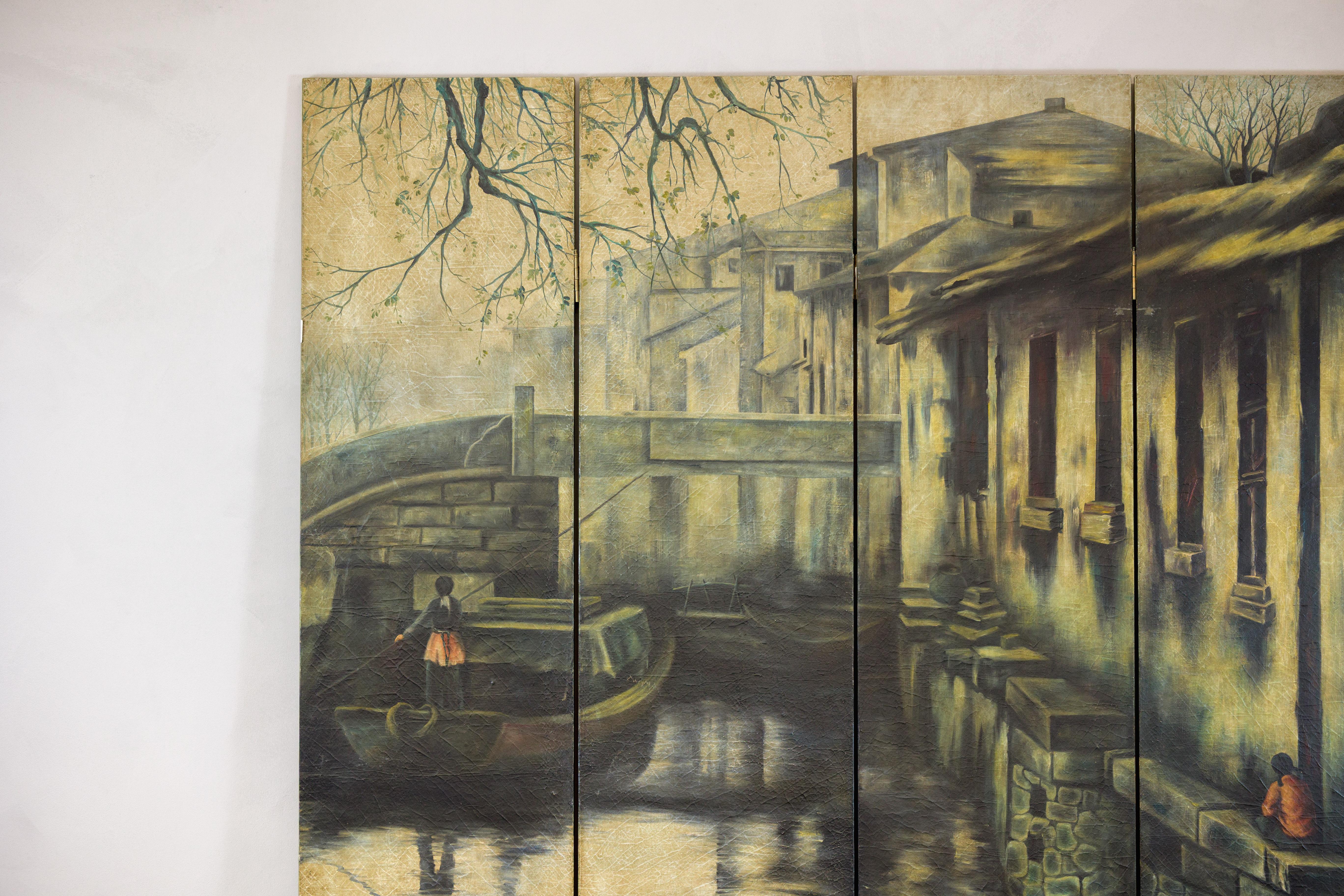 Paravento d'epoca dipinto a quattro pannelli con scena del villaggio di Canal in vendita 5
