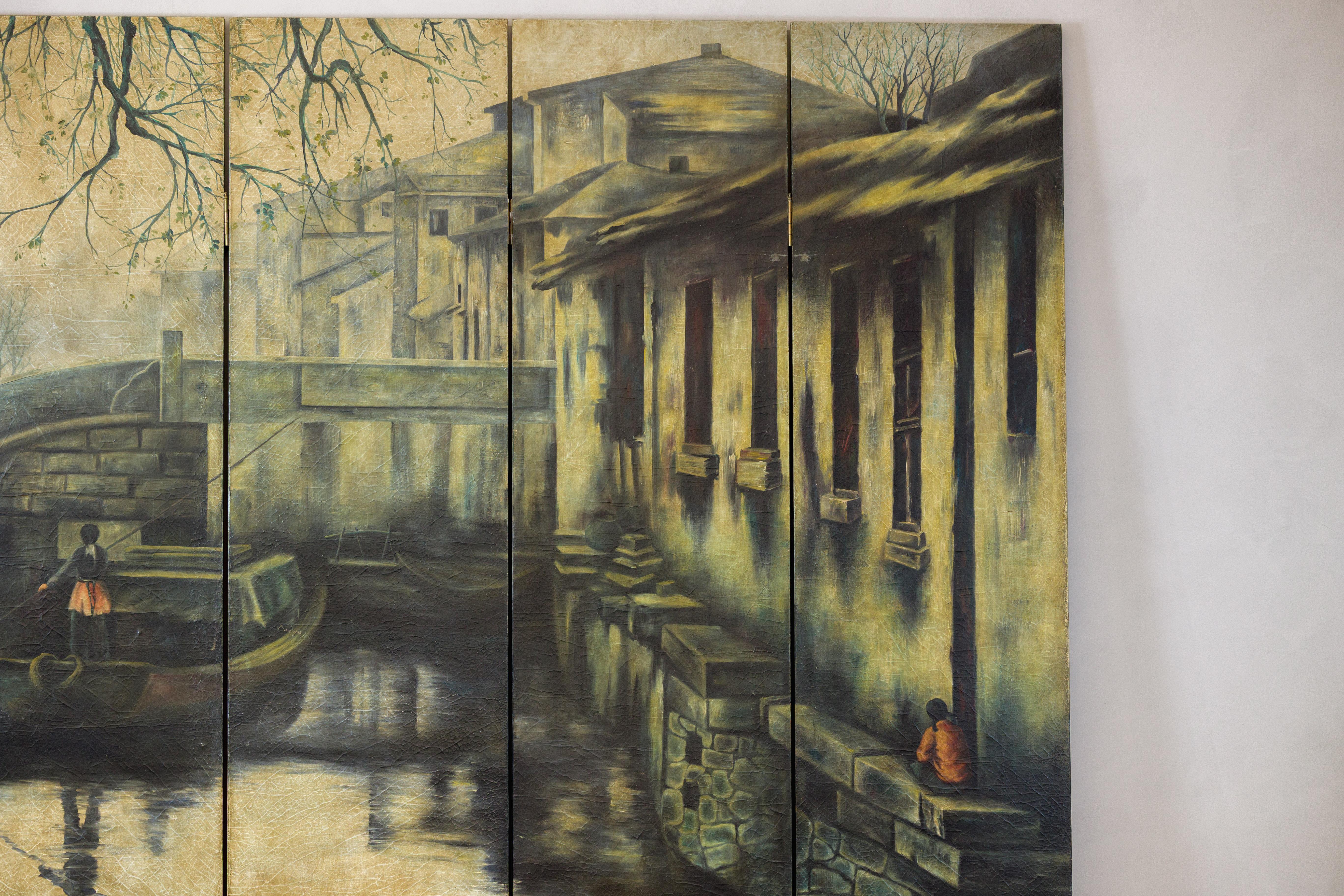 Paravento d'epoca dipinto a quattro pannelli con scena del villaggio di Canal in vendita 6