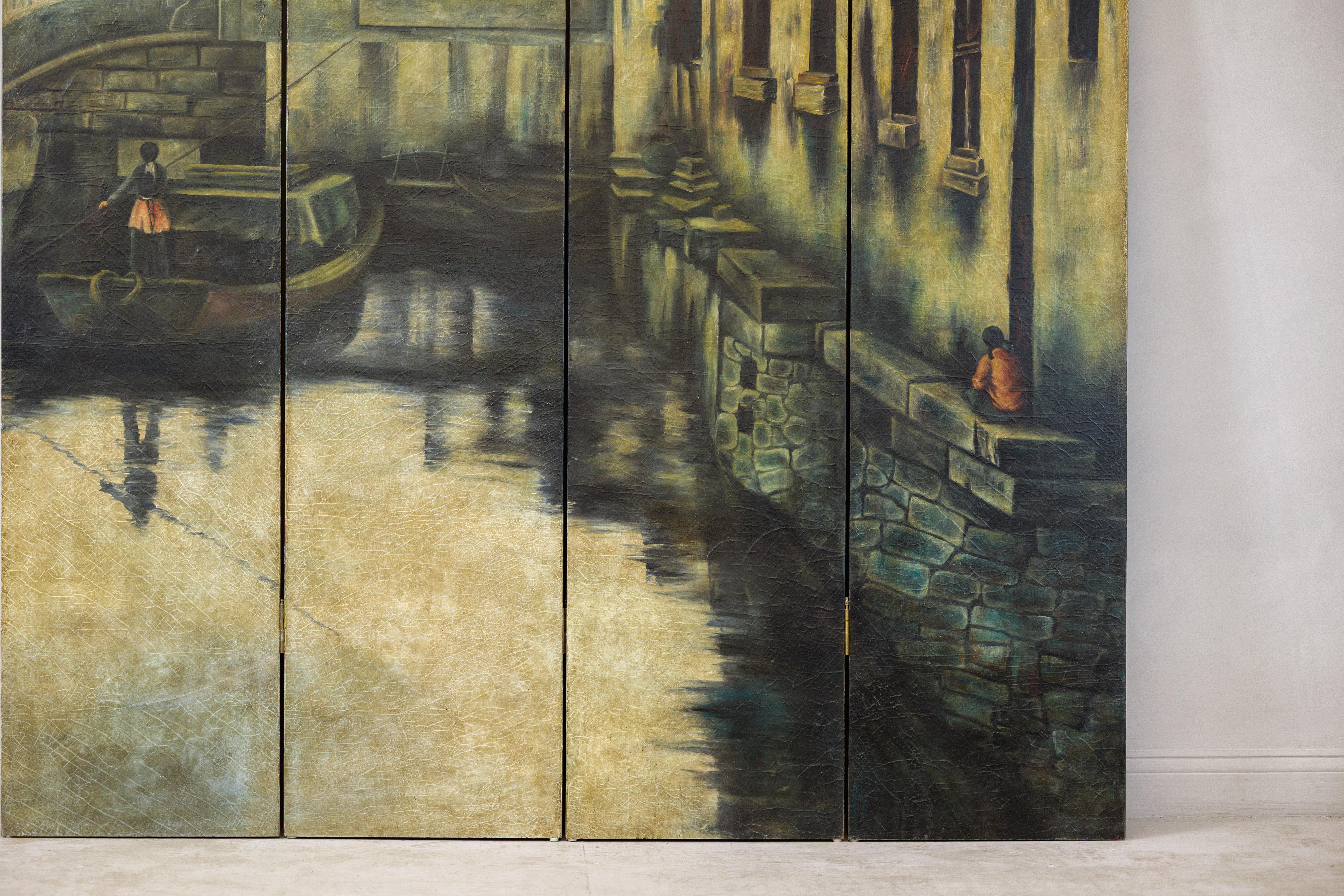Paravento d'epoca dipinto a quattro pannelli con scena del villaggio di Canal in vendita 7
