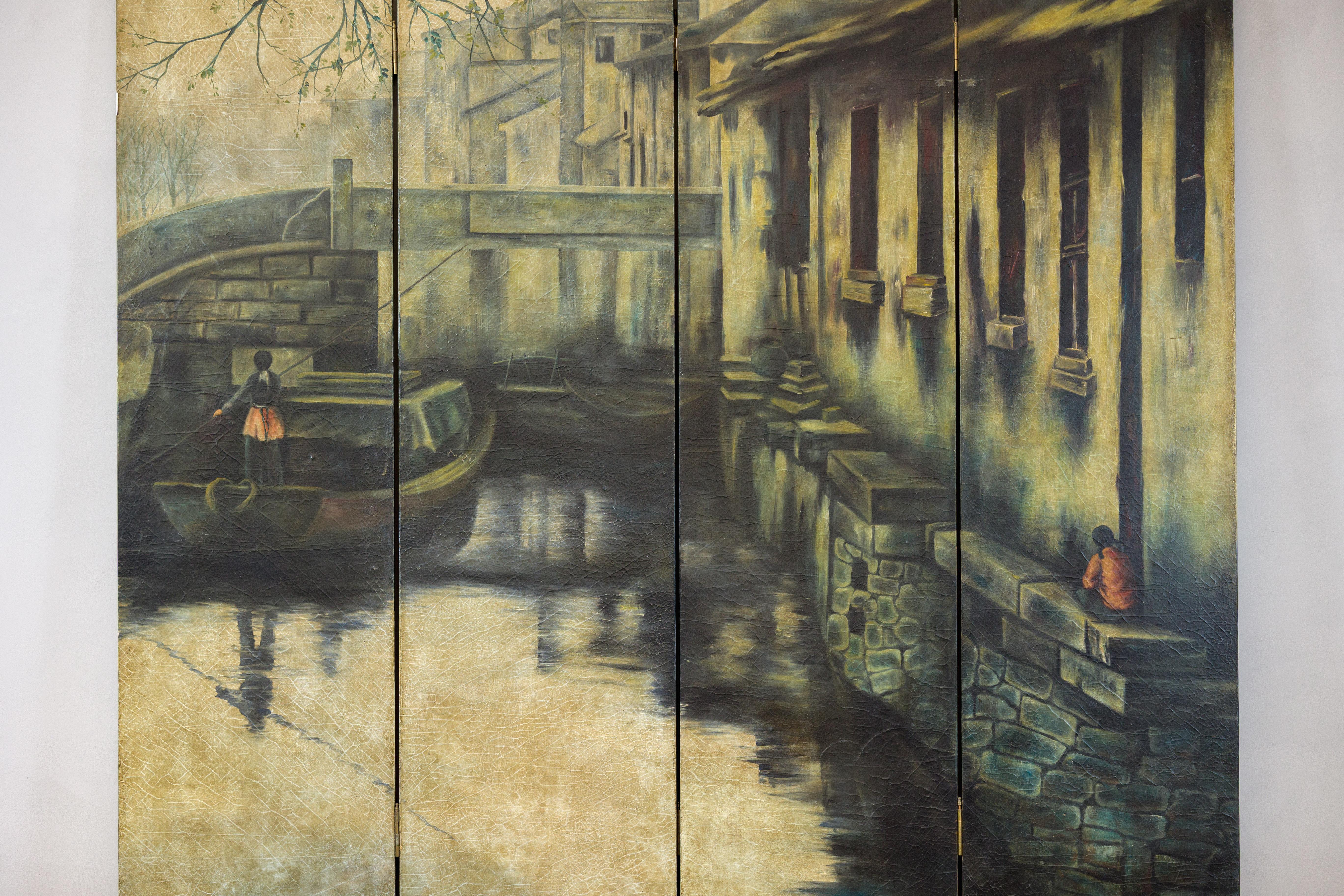 Paravento d'epoca dipinto a quattro pannelli con scena del villaggio di Canal in vendita 9