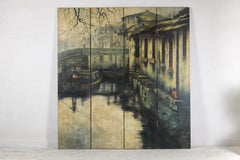 Vintage Painted Four-Panel Screen with Canal Village Scene