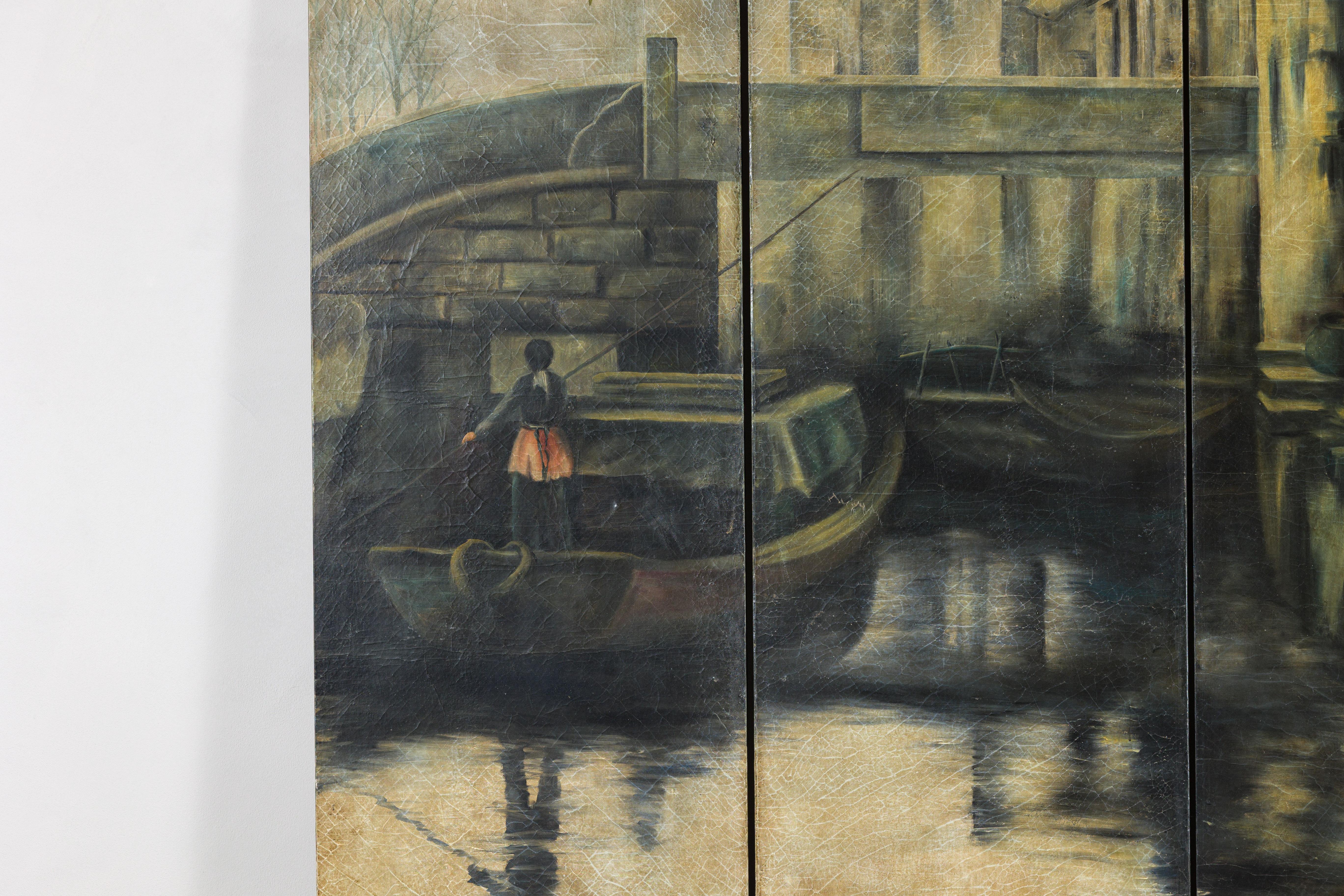 Ottone Paravento d'epoca dipinto a quattro pannelli con scena del villaggio di Canal in vendita