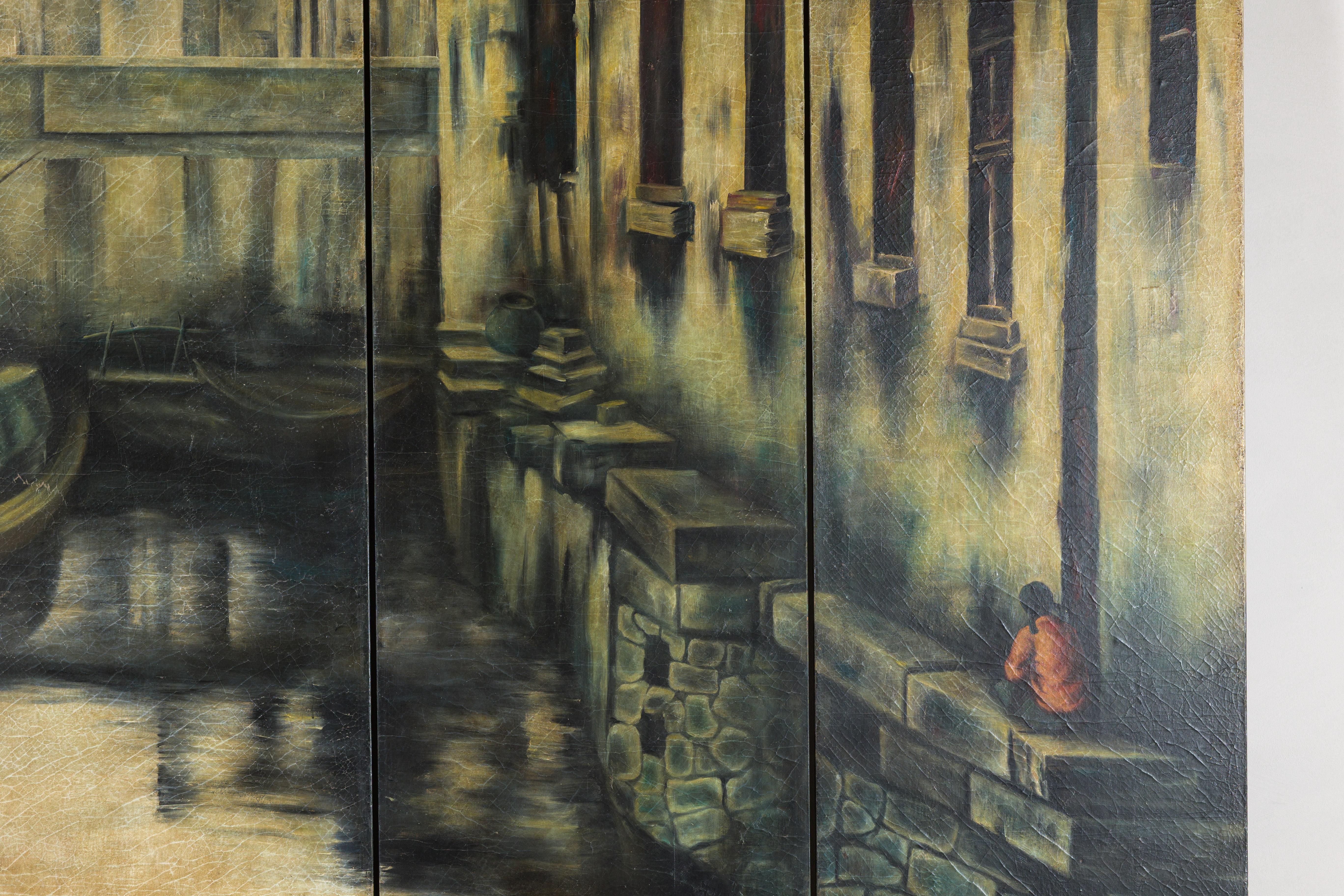 Paravento d'epoca dipinto a quattro pannelli con scena del villaggio di Canal in vendita 1