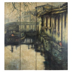 Biombo Vintage de Cuatro Paneles Pintado con Escena de Pueblo del Canal