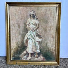 Vintage Painted Framed Oil on Canvas Lady in Dress