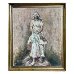 Vintage gemalt gerahmt Öl auf Leinwand Dame im Kleid