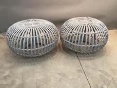 Vintage Painted Franco Albini Style Rattan Pouf Ottoman Footstools