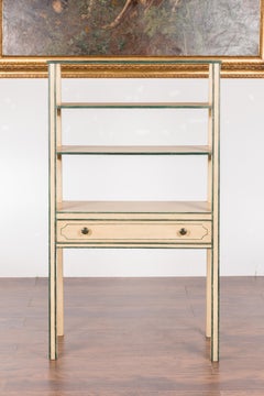 Vintage Painted Freestanding Bookcase with Green Accents and Single Drawer